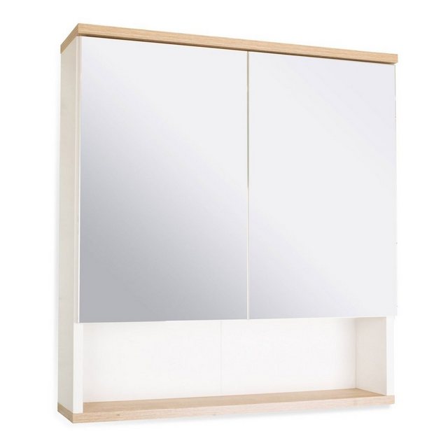 BADEDU Badezimmerspiegelschrank BadeDu ARC Spiegelschrank mit zusätzlicher Ablage – Alibertschrank für das Badezimmer (60 cm x 65 cm x 16 cm) – Badezimmer-Spiegelschrank mit Holz in Weiß und Eiche