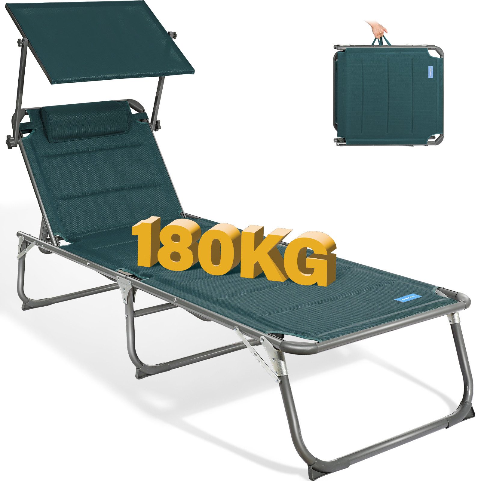 HOMECALL Gartenliege Sonnenliege AluLiege Liegestuhl Strandliege Liegen wetterfest, klappbar, Textilene Mit Dickemschnelltrocknende Schaumstoffpolsterung, Verstellbare Rückenlehne, Sonnenblende, Kopfpolster, bis 180KG