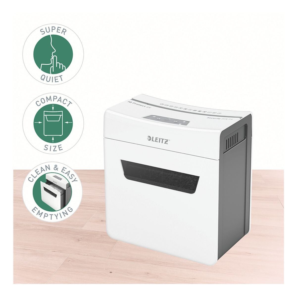 LEITZ Aktenvernichter IQ 6X Protect Premium, Partikelschnitt 4x40 mm, bis 6 Blatt, 10 Liter