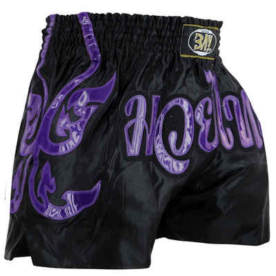 BAY-Sports Sporthose Muay Thai Kick Hose Shorts Thaiboxhose Thaiboxen MMA kurz Kickboxen (Laser Cut Modell) Laser Cut Serie, traditionell, schwarz/lila