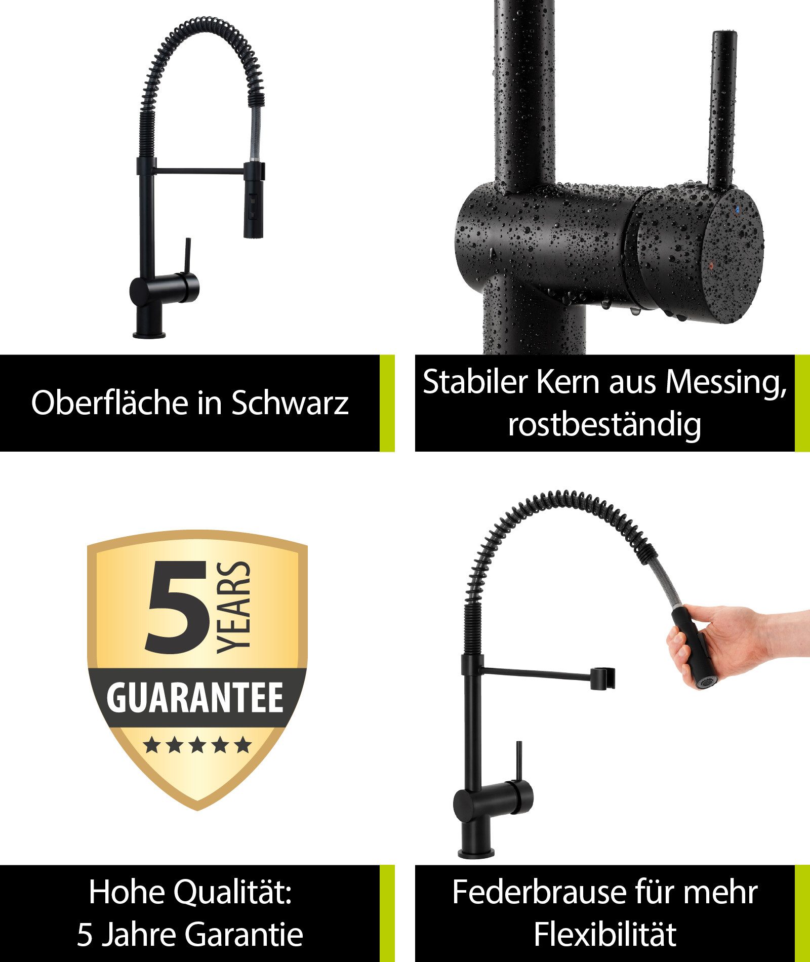 aquaSu Spültischarmatur Fresh Federbrause, Schwarz, Flexibel, C-Form, Kaltwassermittelstellung