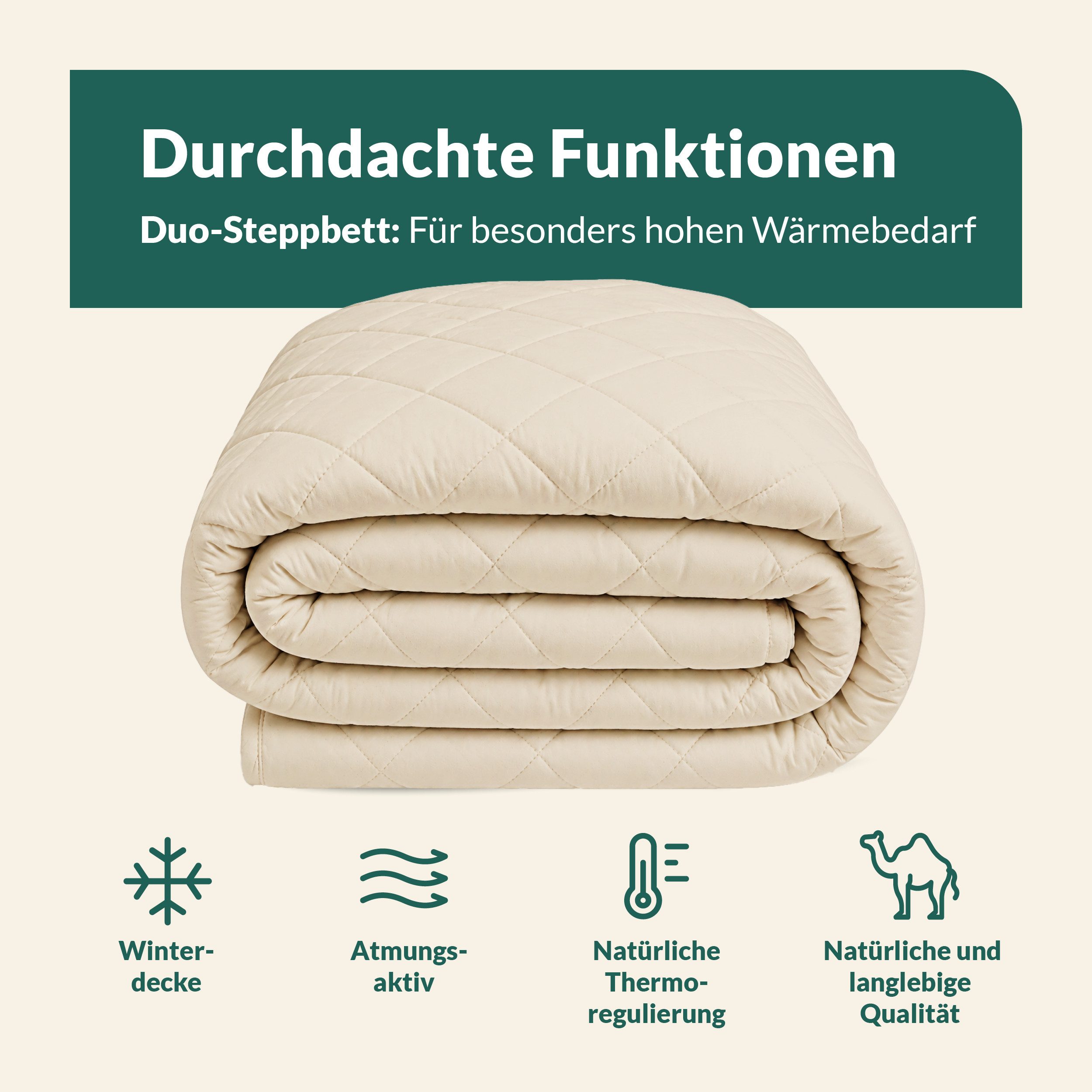 fan Naturhaarbettdecke Gobi, Bettdecken für Sommer und Winter, temperaturausgleichend, Füllung: Kamelhaar, Bezug: Baumwolle, Klimatisierende Kamelhaar-Füllung - – Bild 5 von 5