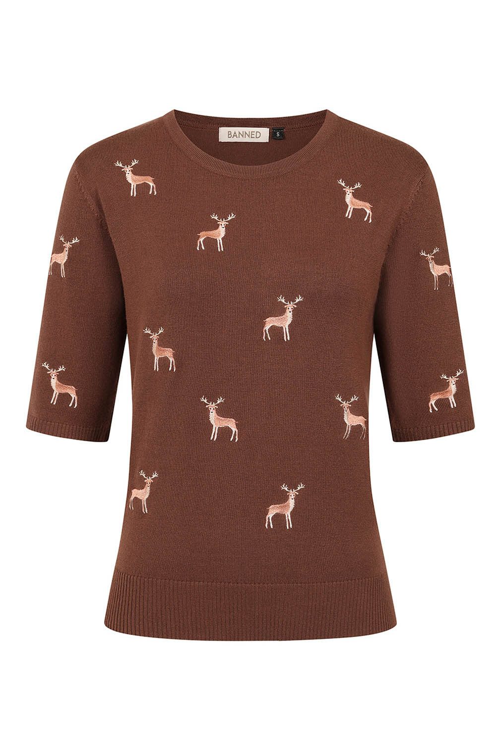 Banned Kurzarmpullover Ruby Sweet Deer Braun Vintage Rockabilly Reh Hirsch