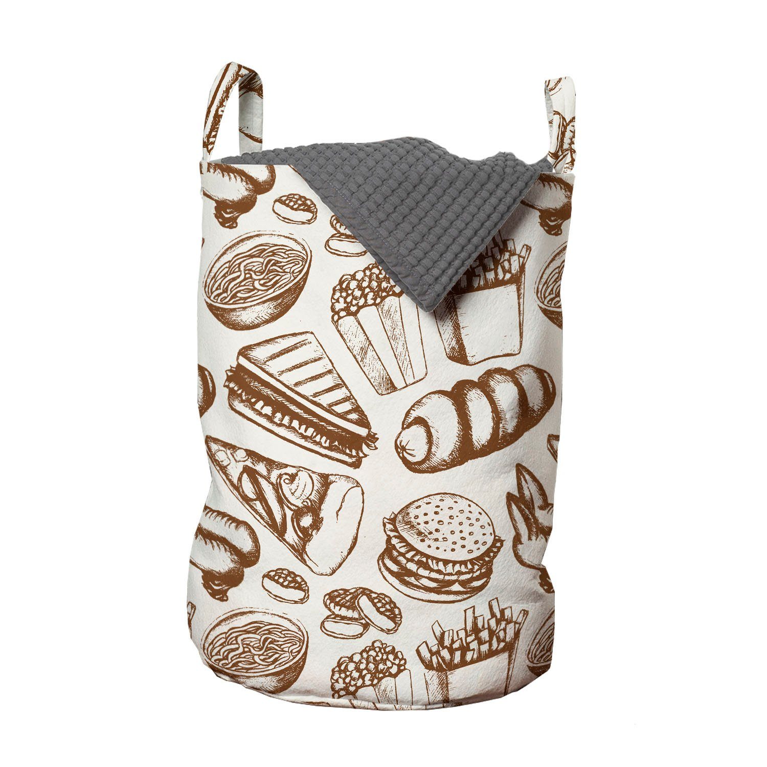 Abakuhaus Wäschesäckchen Wäschekorb mit Griffen Drawn Waschsalons, Fast Skizzieren Hand Motive Food Kordelzugverschluss für