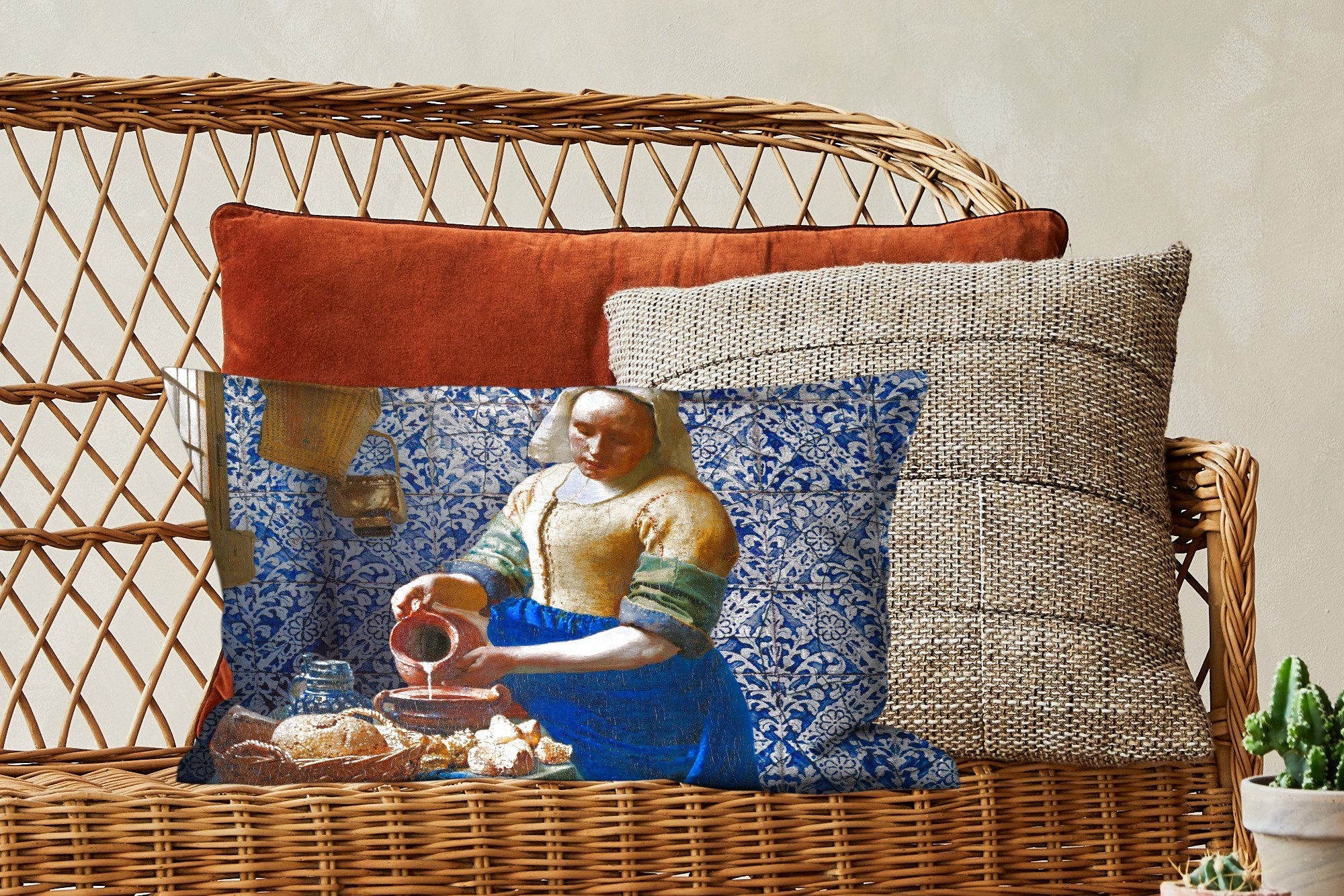 Dekokissen MuchoWow - Milchmädchen Alte Wohzimmer Dekokissen Zierkissen, Vermeer Schlafzimmer - mit Füllung, Dekoration, - Gemälde Blau Delfter - Meister,