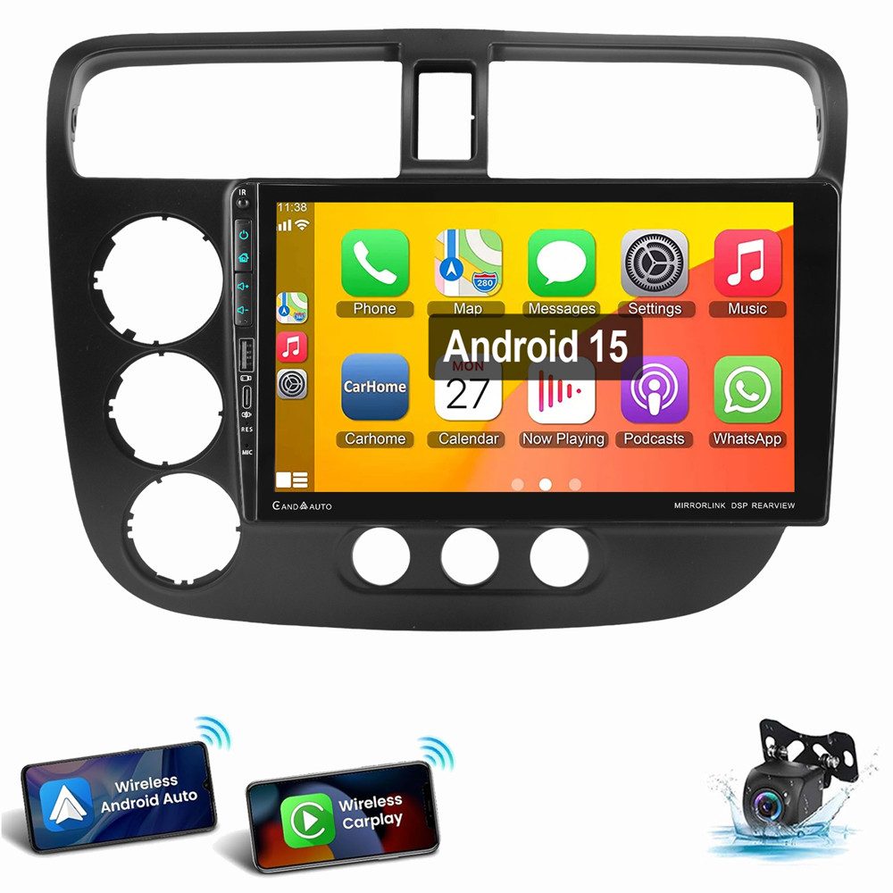 ESSGOO Für Honda Civic VII 2000-2005 Type-C USB Android 15 Autoradio (RDS, Digitalradio (DAB), FM, AM, Carplay Android Auto GPS Navi WIFI BT)