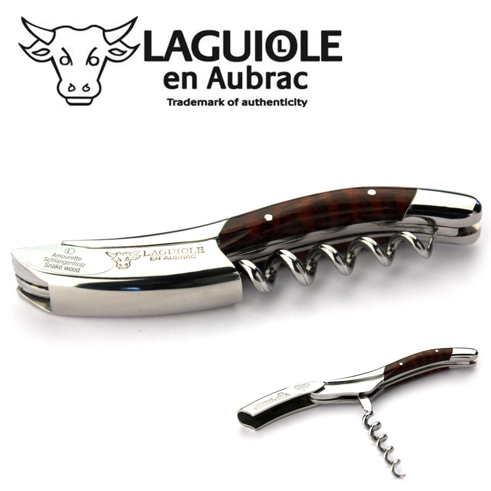 Laguiole en Aubrac Weinflaschenöffner SOM99AMI, Laguiole Kellnermesser - Griff Schlangenholz - Edelstahl glänzend