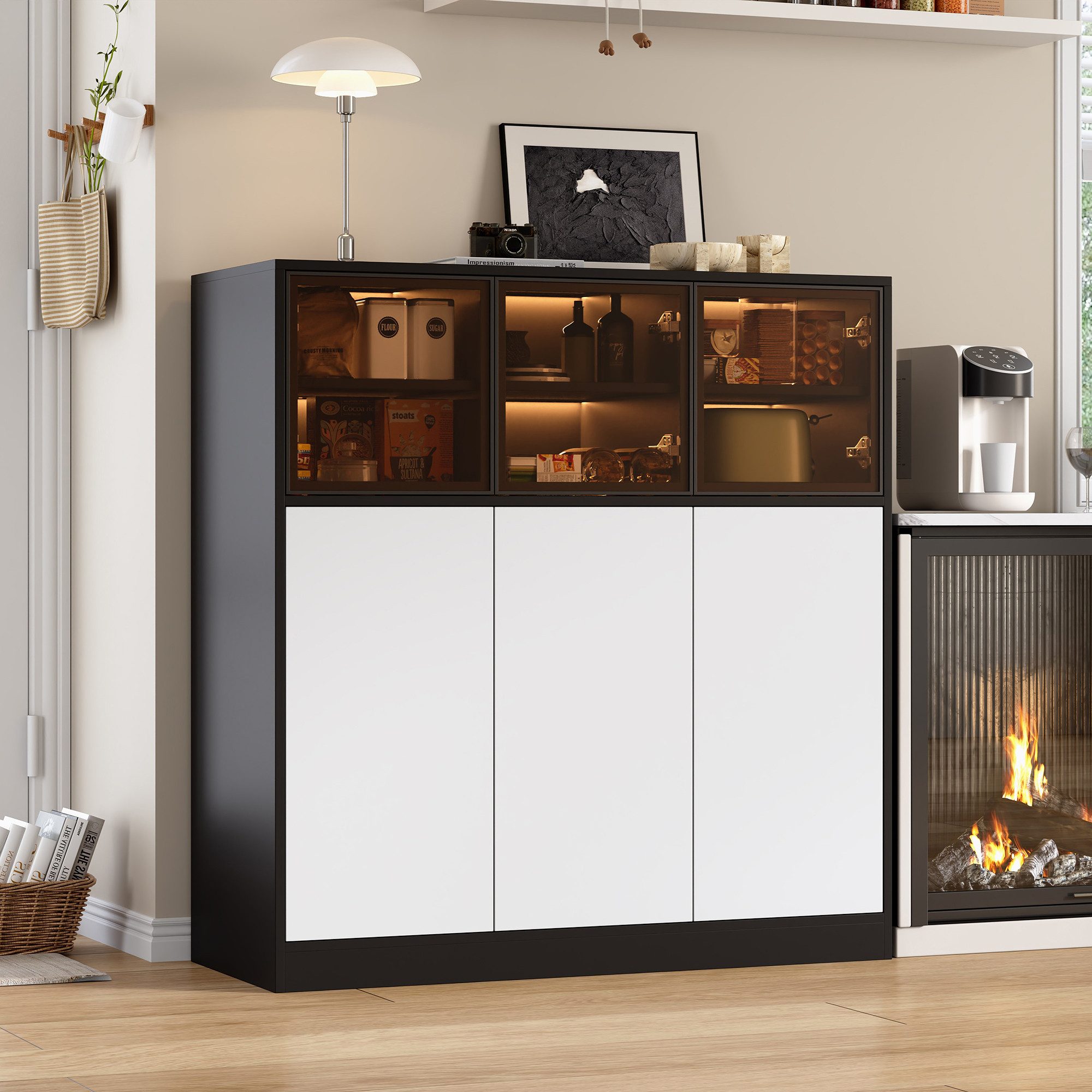 Merax Sideboard Kommode mit LED-Beleuchtung, 3 Glastüren, 3 Tür (1 St., für Wohnzimmer, Küche, Esszimmer), Aufbewahrungsschrank 100×40×105 cm