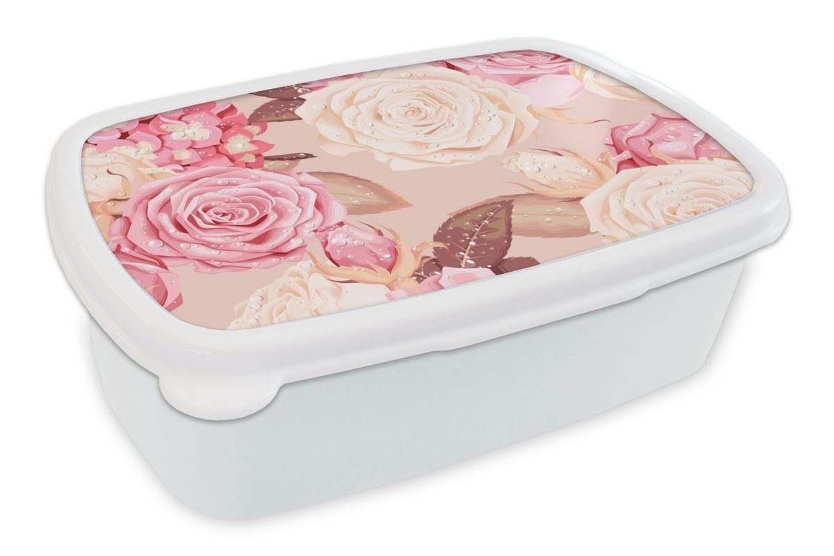 MuchoWow Lunchbox Rosen - Rosa - Weiß - Collage, Kunststoff, (2-tlg), Brotbox für Kinder und Erwachsene, Brotdose, für Jungs und Mädchen