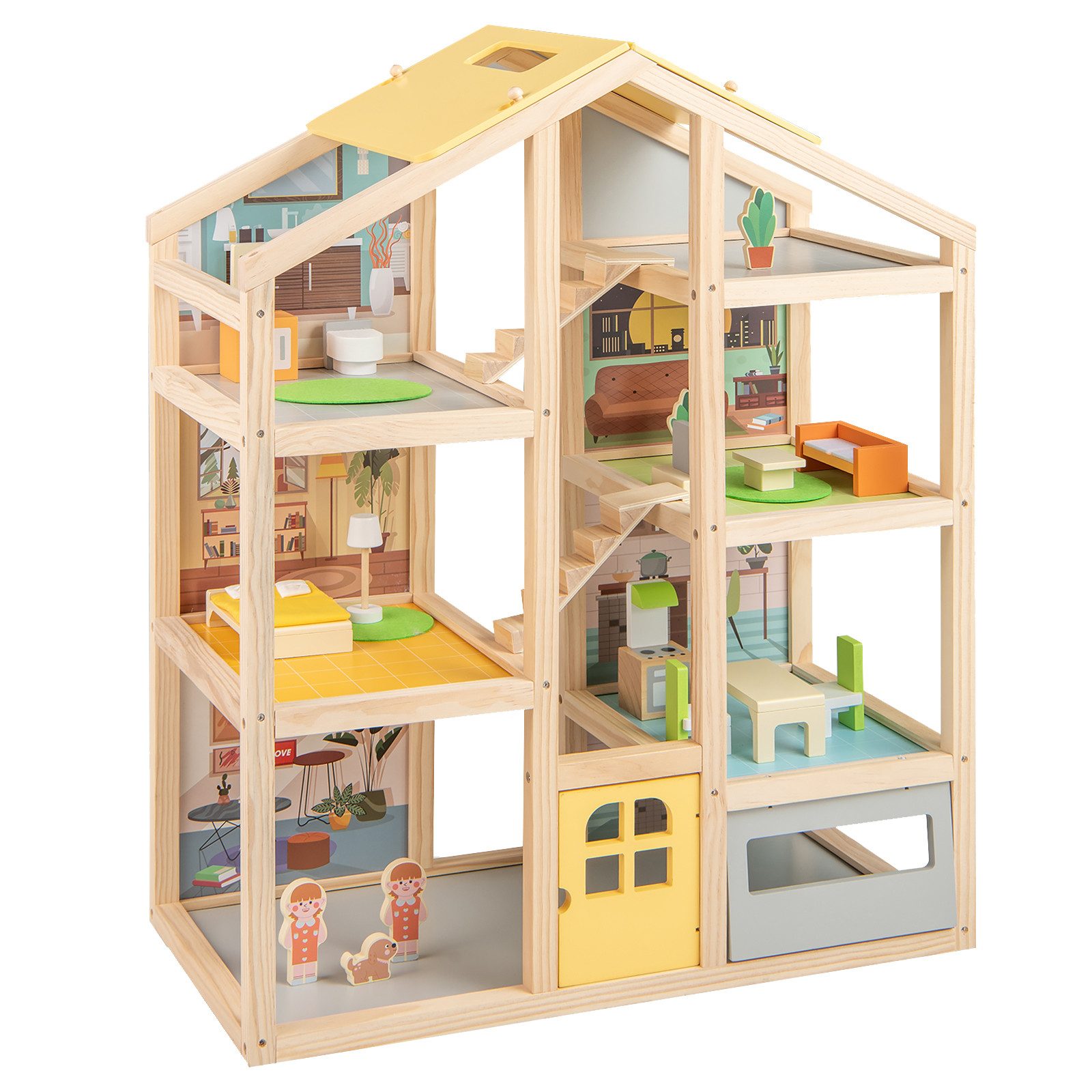 COSTWAY Puppenhaus, Holz, Traumvilla mit Möbelstücken & Figuren ab 2 Jahren