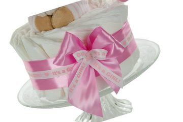 dubistda-WINDELTORTEN- Neugeborenen-Geschenkset Windeltorte IT´S A GIRL (Spieluhr Bär "Guten Abend, gute Nacht" rosa, 16-teilig) Geschenk zur Geburt