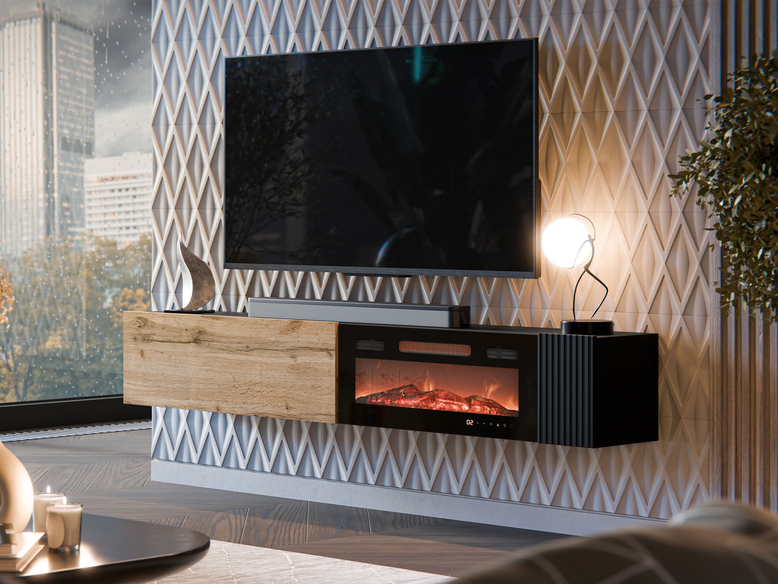 MIRJAN24 TV-Schrank Capital 200 EF mit Kamin (mit Drehtür und Klappe) Realistische LED-Flamme, Gasdruckfeder