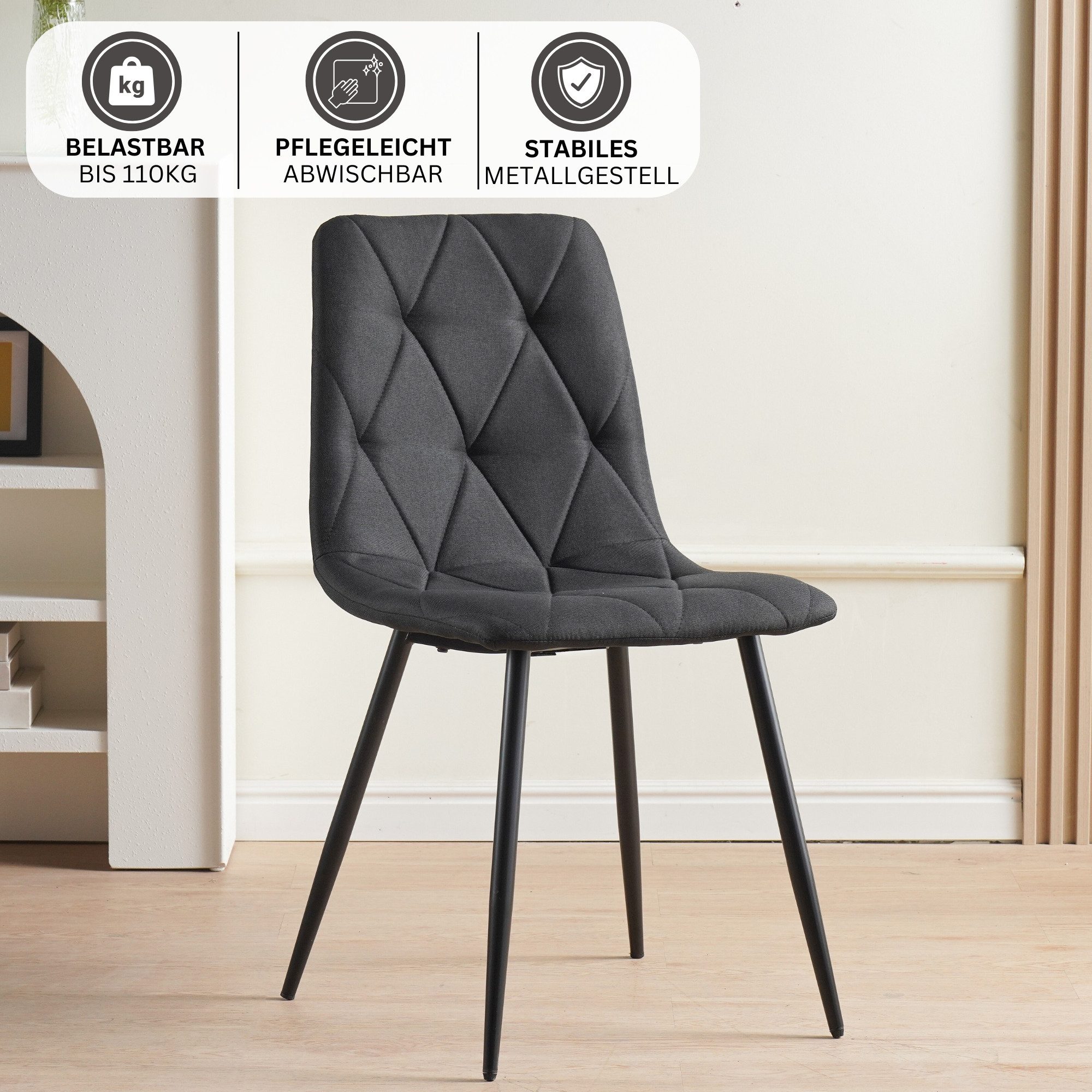Albatros International Esszimmerstuhl Esszimmer Stühle 4 er Set DORA, Stuhl Stühle Esszimmerstühle, Küche (4er Set, Schwarz, Stoff Bezug), Küchenstuhl Küchenstühle Essstühle für den Esstisch Ess Stühle