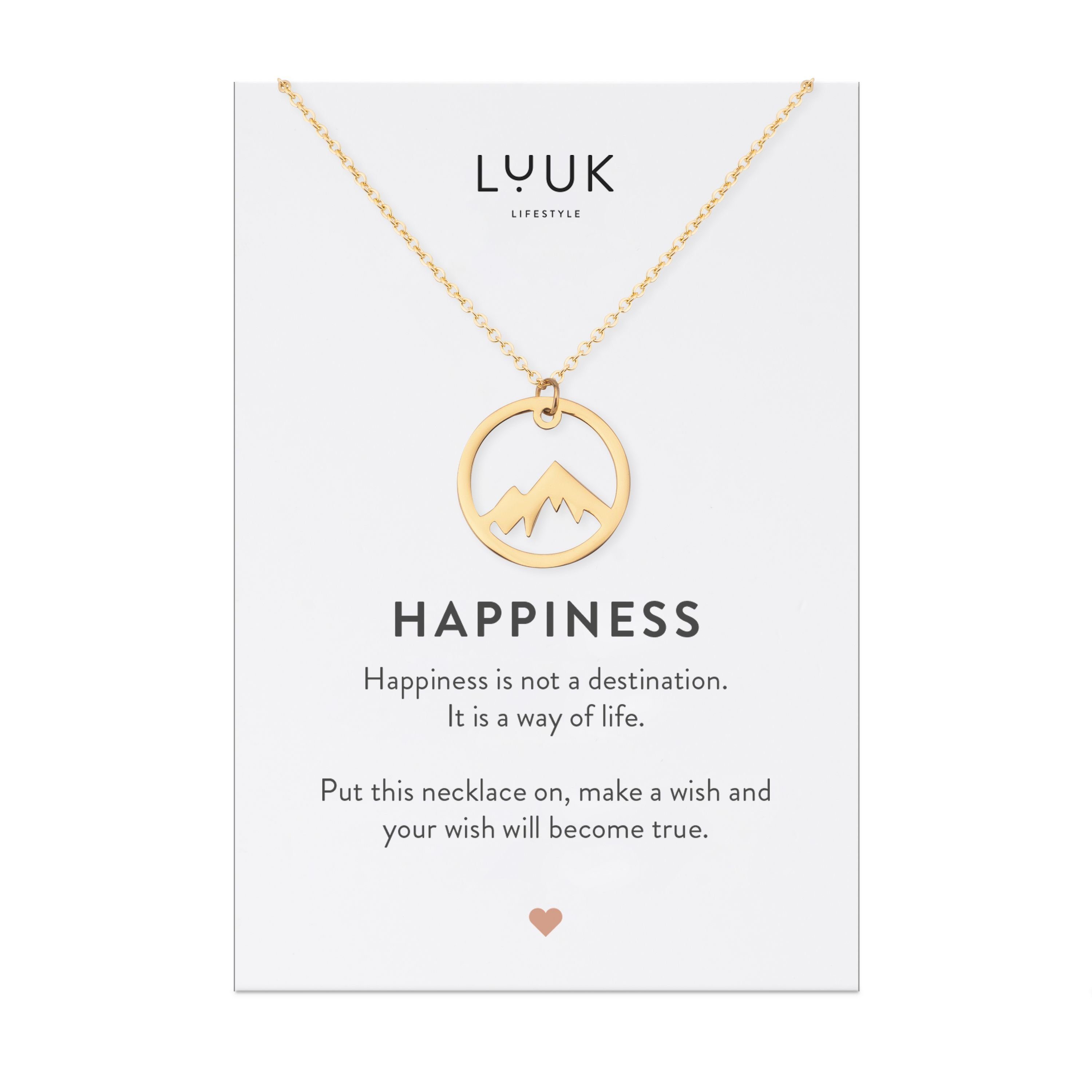 LUUK LIFESTYLE Kette mit Anhänger Berggipfel, HAPPINESS Geschenkkarte, hochwertiger Edelstahl Gold