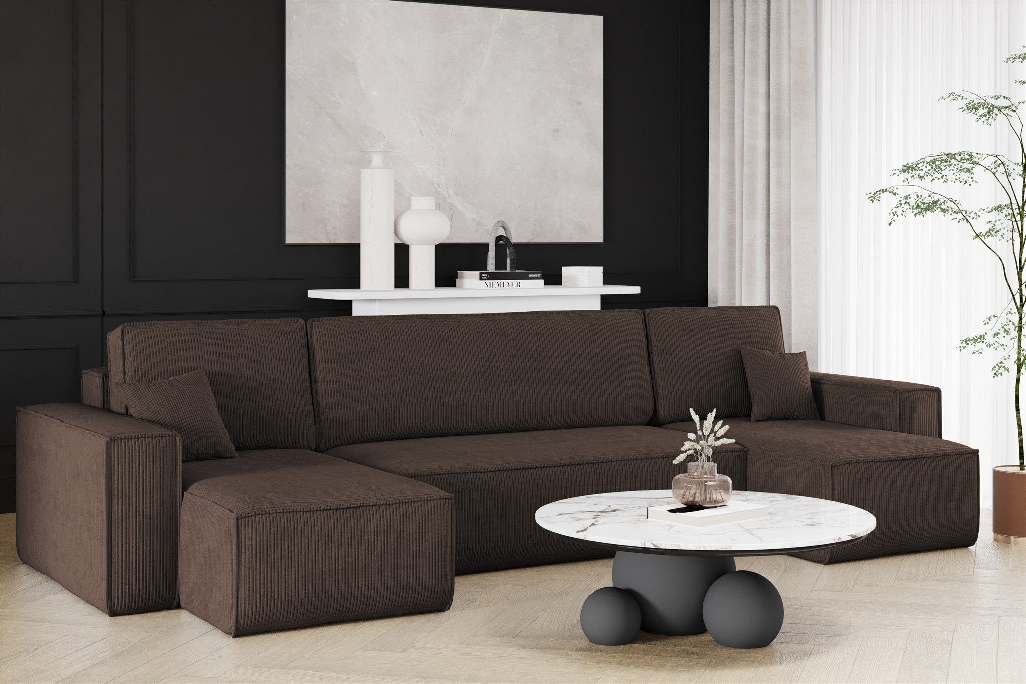 Schlafsofa Sofa Poso, in mit MARIS Schlaffunktion, Möbel Wohnlandschaft Rundumbezug Braun Fun Wohnlandschaft Stoff