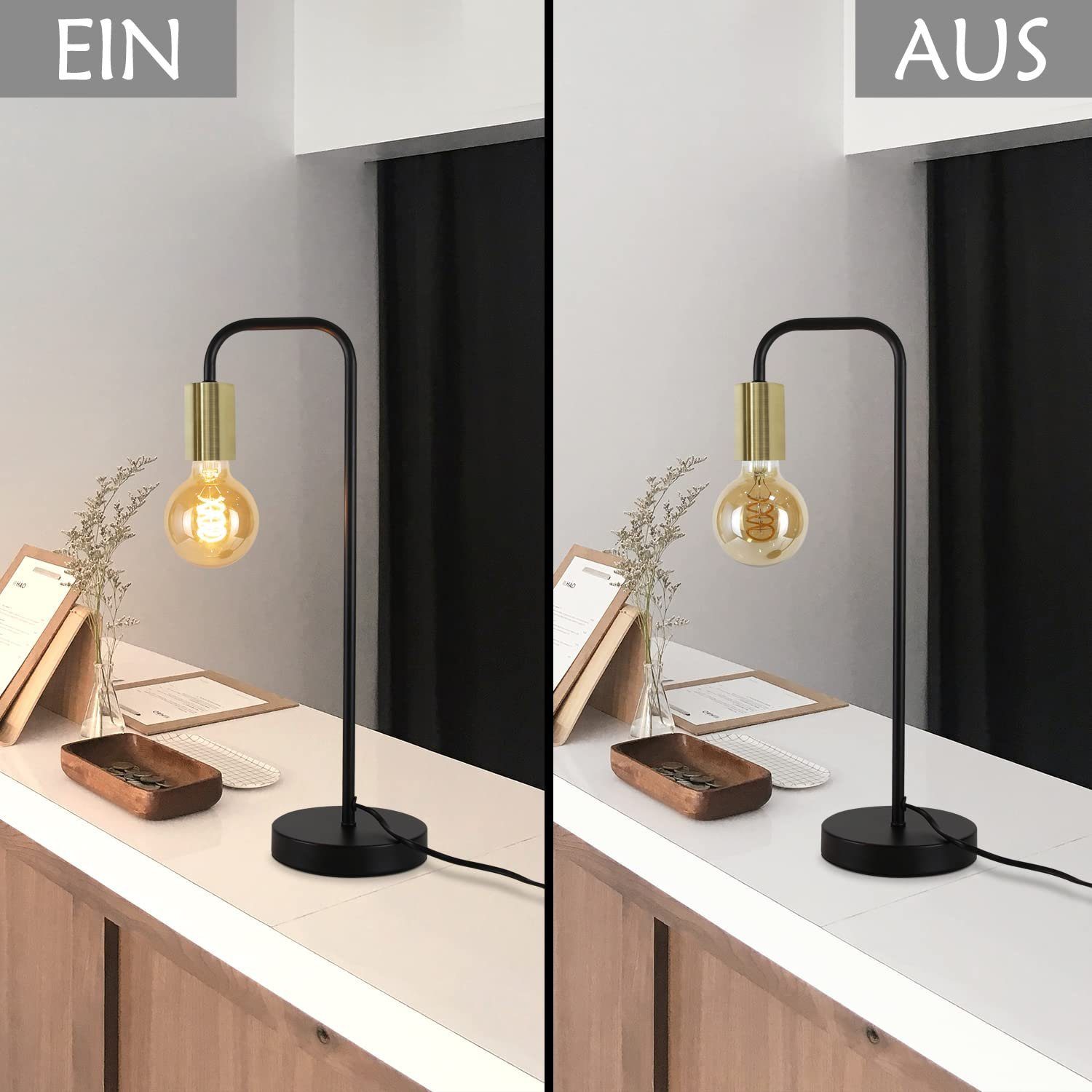 ZMH Tischleuchte Vintage Nachttischlampe Schwarz-Gold - E27, ohne Leuchtmittel, 1 /2 Flammig – Bild 4 von 5