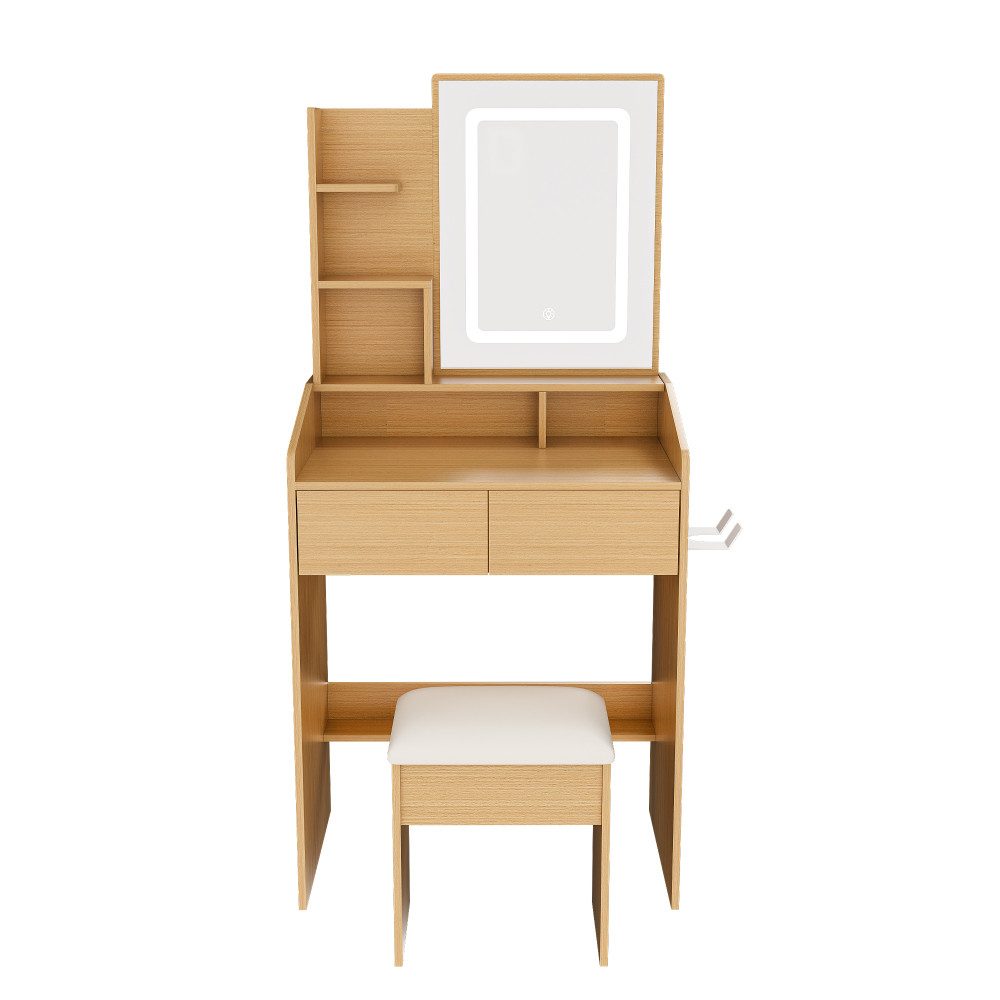 BBWL Schminktisch LED Spiegel kompakt mit Hocker Stromanschluss Fönhalter Stauraum Holz, Schminktisch modern für kleine Räume Schlafzimmer