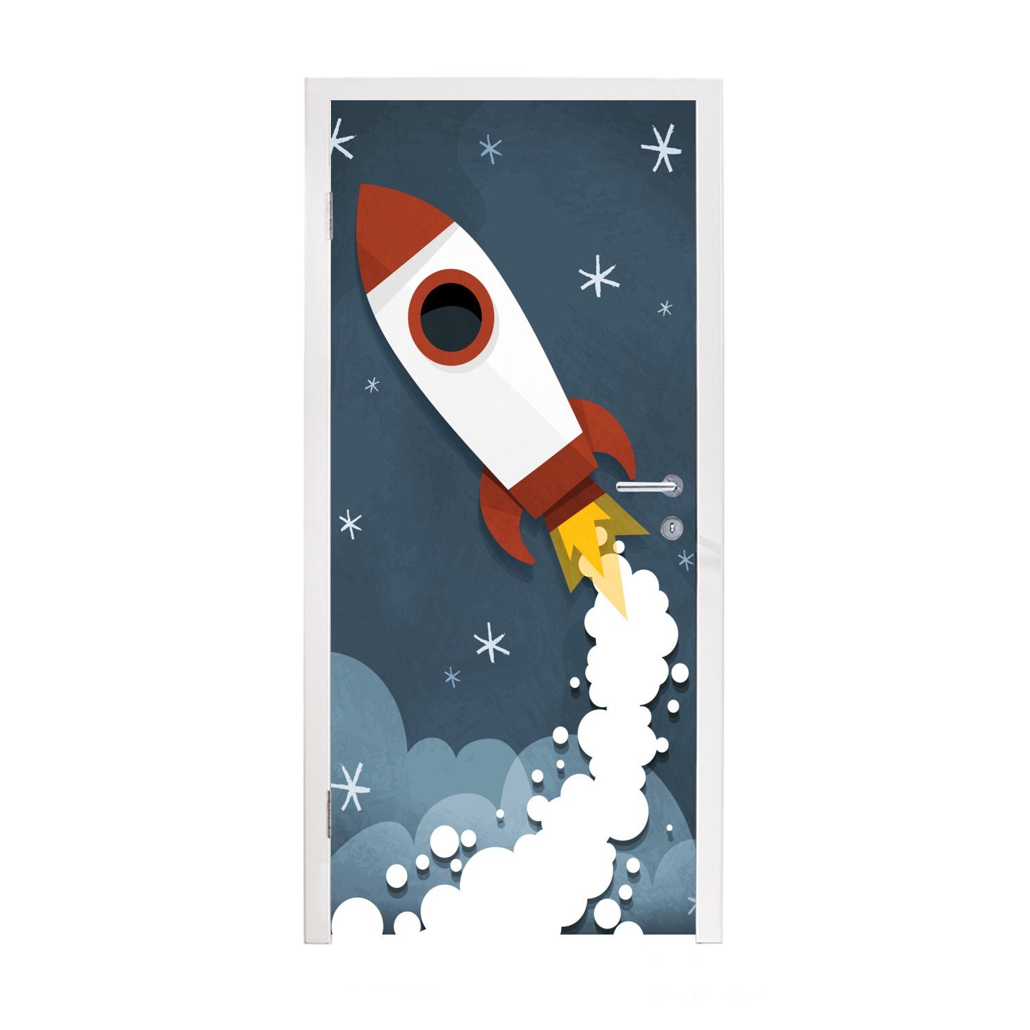 MuchoWow Türtapete Illustration - Rakete - Kinder, Matt, bedruckt, (1 St), Selbstklebende Tapete, Folie für Möbel, 75x205 cm