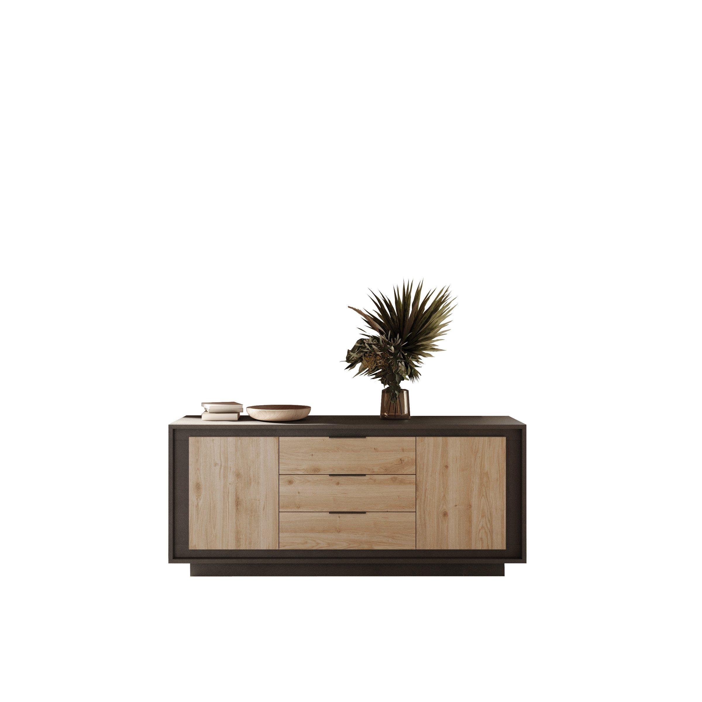 freiraum Sideboard Siena, 2 Türen, 3 Schübe, Lava anthrazit/ Cadiz Eiche Dekor - 180x80x50 BxHxT