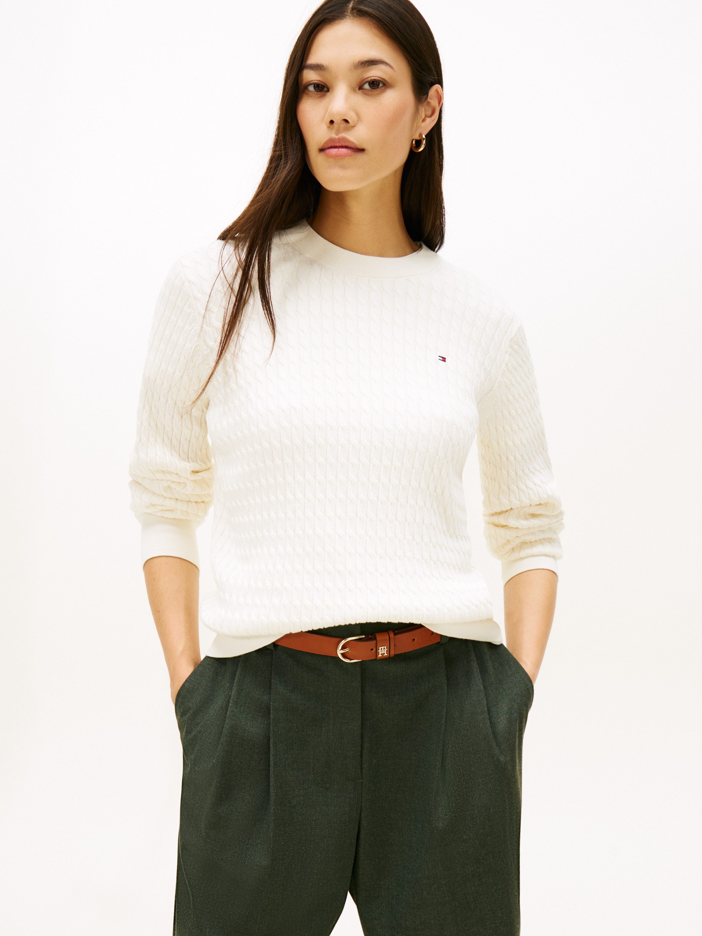 Tommy Hilfiger Rundhalspullover CO CABLE C-NK LS SWEATER Baumwolle, mit Zopfmuster, Regular Fit