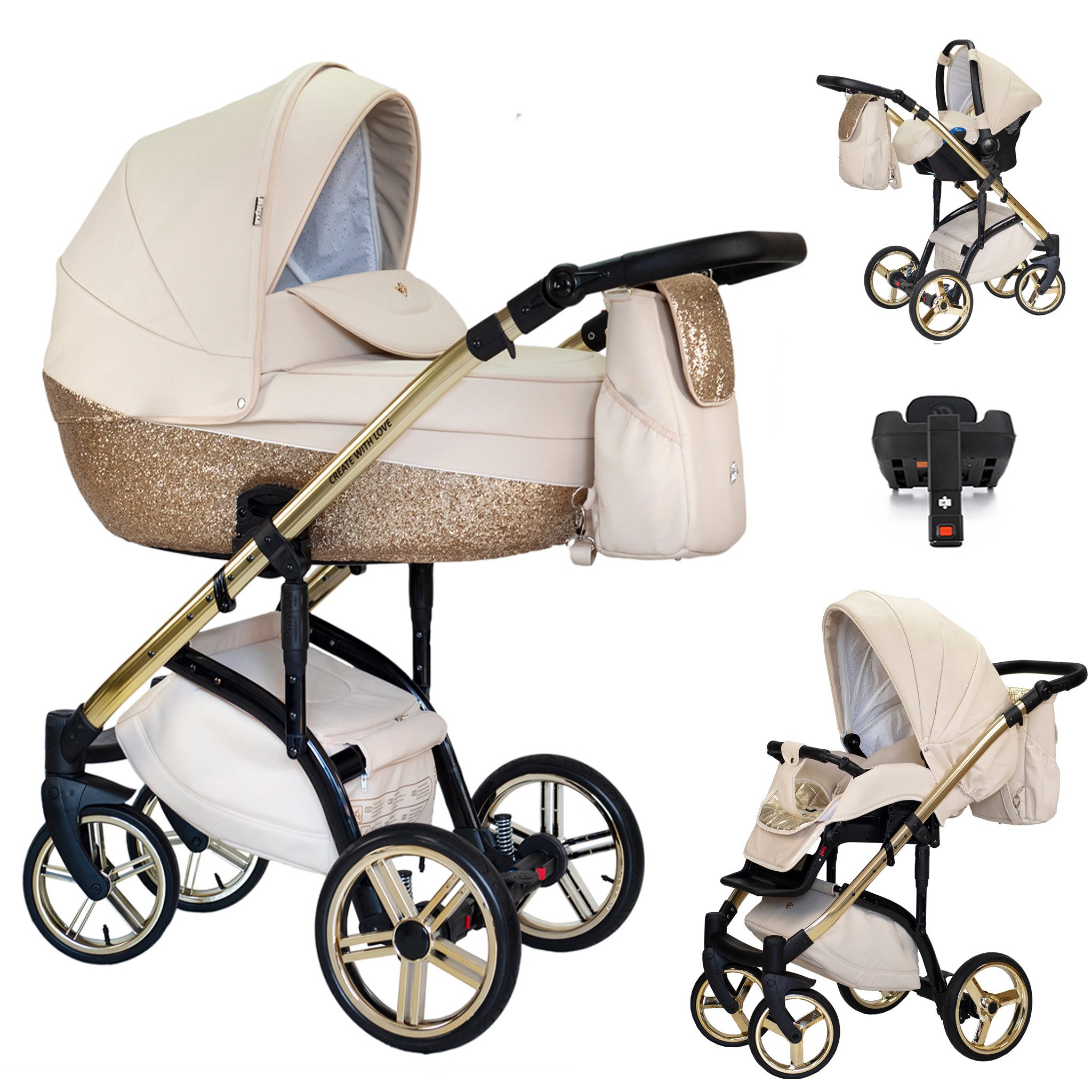 Kombi-Kinderwagen Vip Lux 5 in 1 inkl. Sportsitz, Autositz und Iso Base in 18 Farben