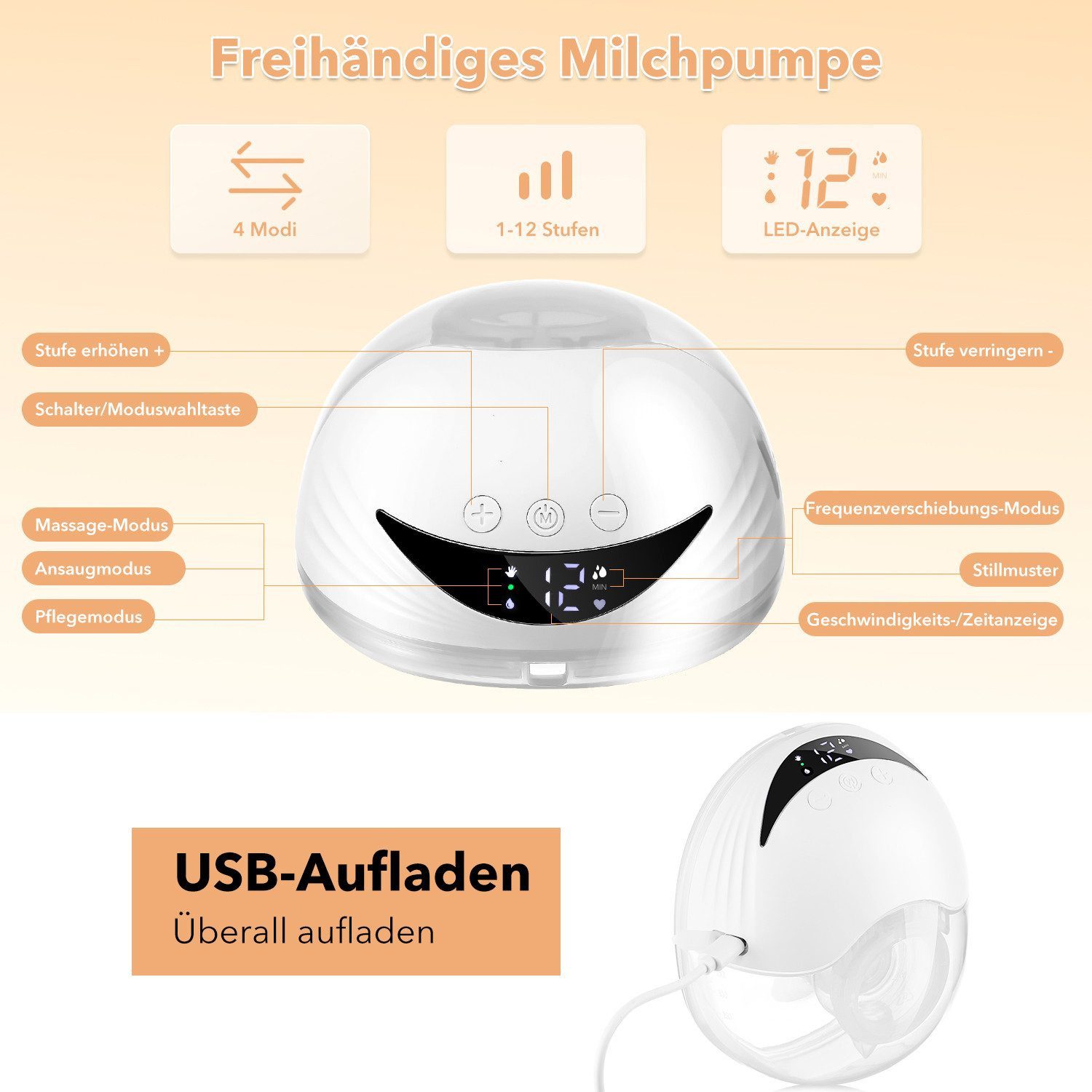 oyajia Elektrische Milchpumpe 2x Milchbehälter elektrisch tragbar 4 Modi 12 Stufen LCD Display leise, 4 Modi, 12 Stufen,LCD-Display,leise Technik,auslaufsicher,tragbar,Akku