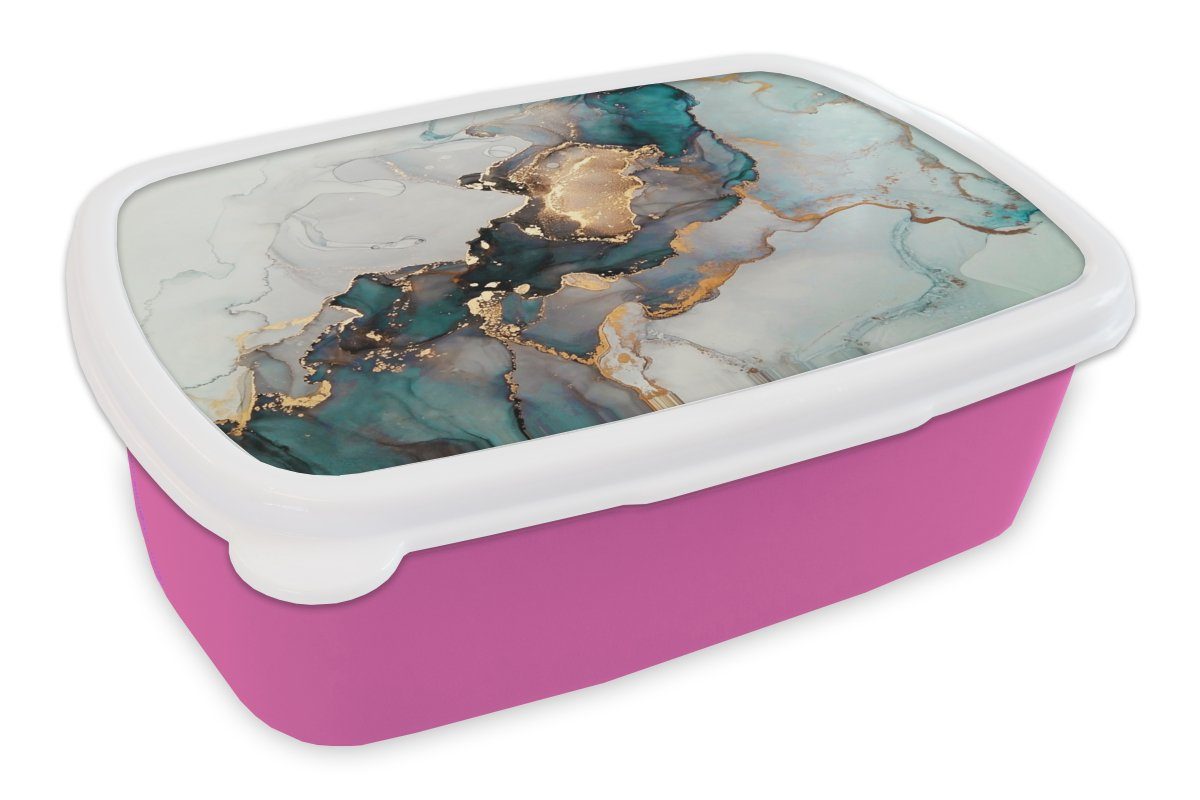 MuchoWow Lunchbox Marmordruck - Gold - Blau, Kunststoff, (2-tlg), Brotbox für Erwachsene, Brotdose Kinder, Snackbox, Mädchen, Kunststoff rosa