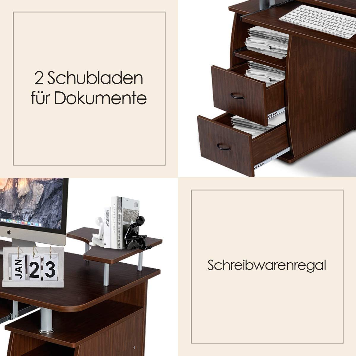 Computertisch KOMFOTTEU Braun mit Schreibtisch, 120x55x76cm, Tastaturauszug,