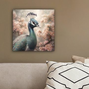 OneMillionCanvasses® Leinwandbild Pfau - Vögel - Blumen - Baum - Botanisch, (1 St), Leinwand Bilder für Wohnzimmer Schlafzimmer, 20x20 cm