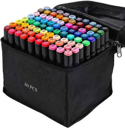 MAQETARA Products Filzstift 80 Farben Filzstifte Set Dual Pen Twin Marker Stifte für Kinder, 80 Malstifte für Kinder, Brush Pen, Permanent Marker inkl. Tragetasche