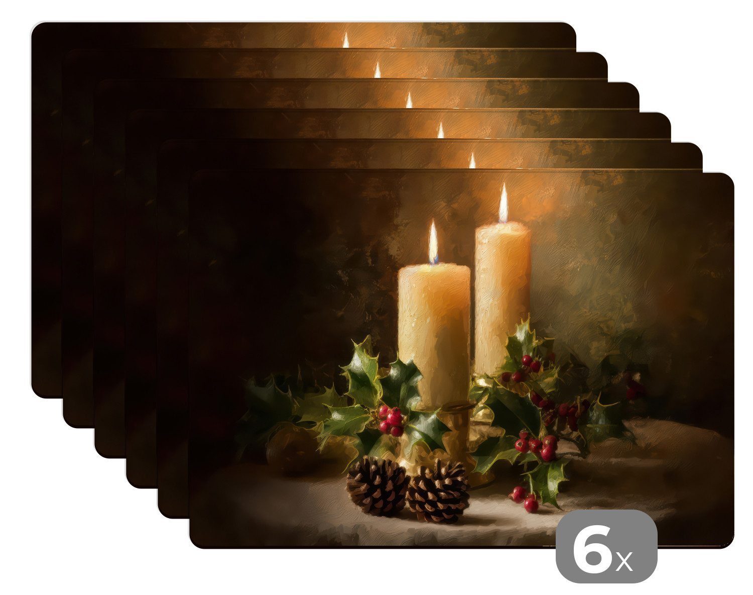 MuchoWow Platzset Kerzenlicht - Weihnachten - Mehrfarbig, (6-St), Platzsets, Tischset, Abwaschbar, Tischsets, Platzdeckchen