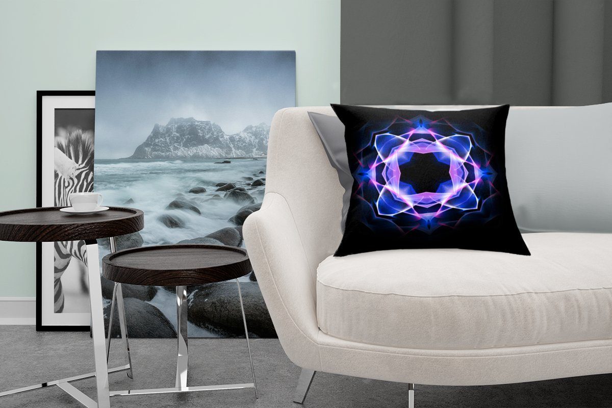MuchoWow Dekokissen Schlafzimmer, für Neon-Mandala-Kaleidoskop-Muster mit auf Schwarz, Wohzimmer, Sofakissen Deko, Blaues Zierkissen Füllung