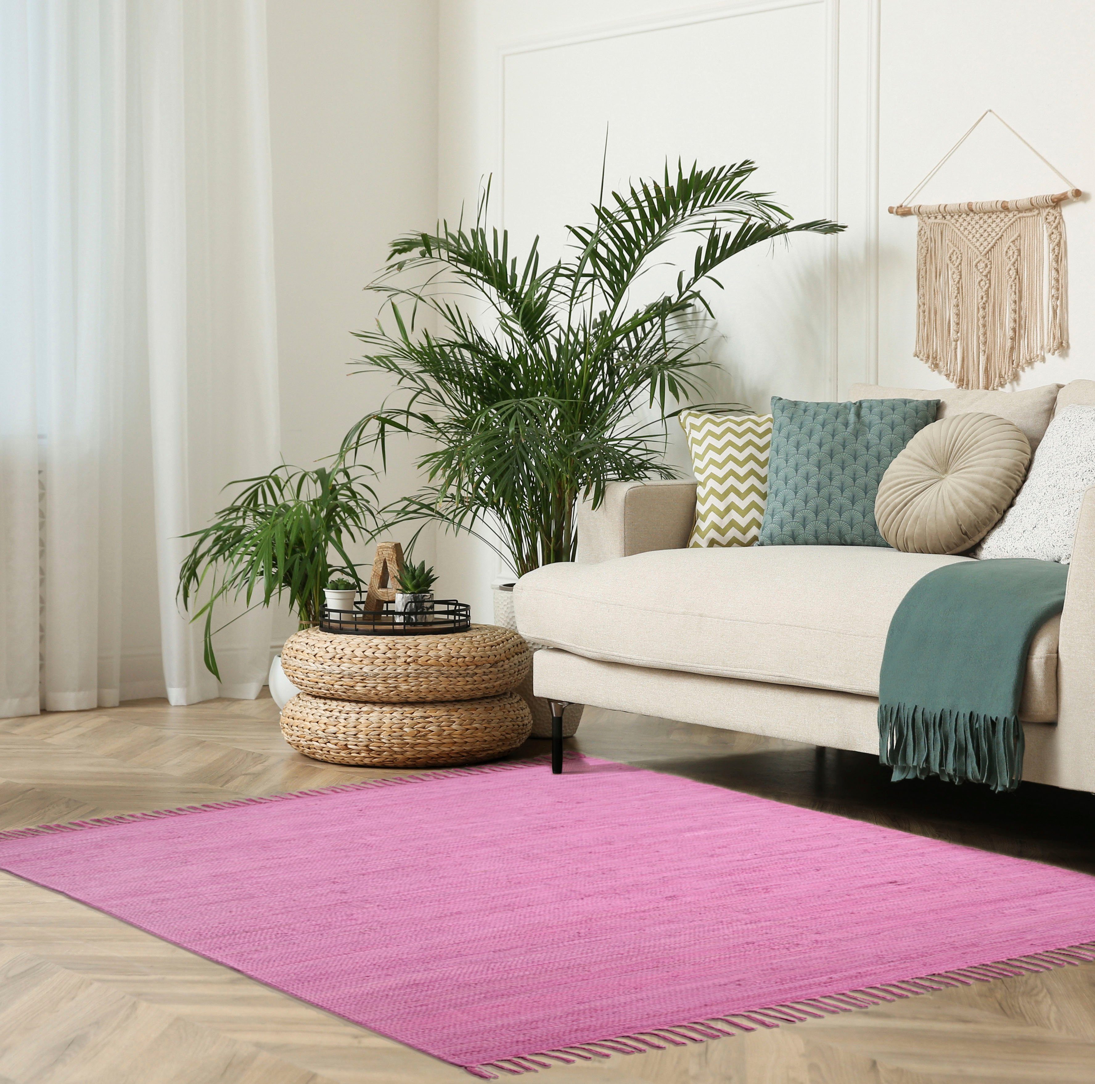 OTTO home Teppich Cadis, rechteckig, Höhe: 5 mm, Wendeteppich, mit Fransen, Uni Farben, handgewebt, reine Baumwolle