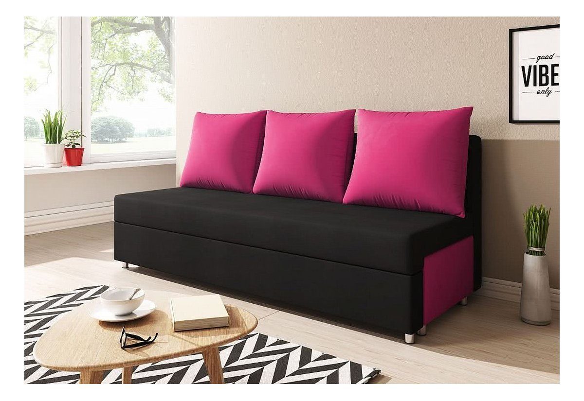 Fun Möbel Kindersofa Sofa Schlafsofa AGNES, mit Bettkasten Schwarz/Pink | Kindersofas