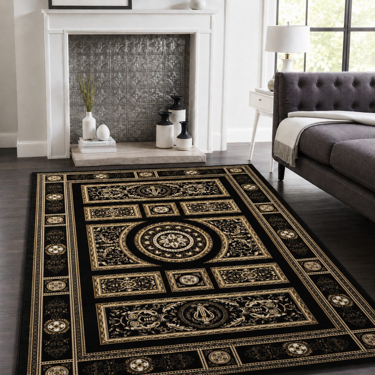Vimoda Orientteppich Kurzflor Schwarz & Gold, Wohnzimmerteppich mit Ornament Muster, Rechteckig, Höhe: 8 mm, Bordüre, pflegeleichter Wohnzimmerteppich, schlafzimmer
