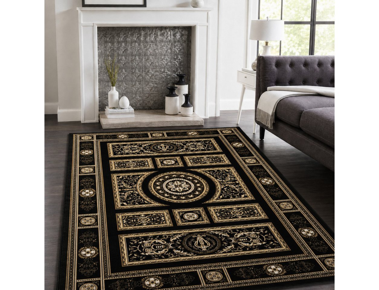 Vimoda Orientteppich Kurzflor Schwarz & Gold, Wohnzimmerteppich mit Ornament Muster, Rechteckig, Höhe: 8 mm, Bordüre, pflegeleichter Wohnzimmerteppich, schlafzimmer