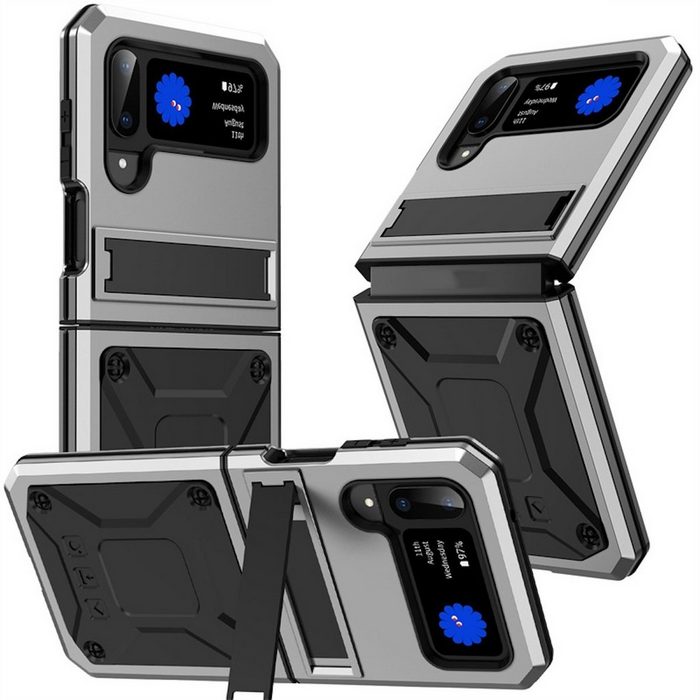 Wigento Handyhülle Für Samsung Galaxy Z Flip4 5G Stoßfeste Metall Design Handy Tasche Hülle Etuis Silber