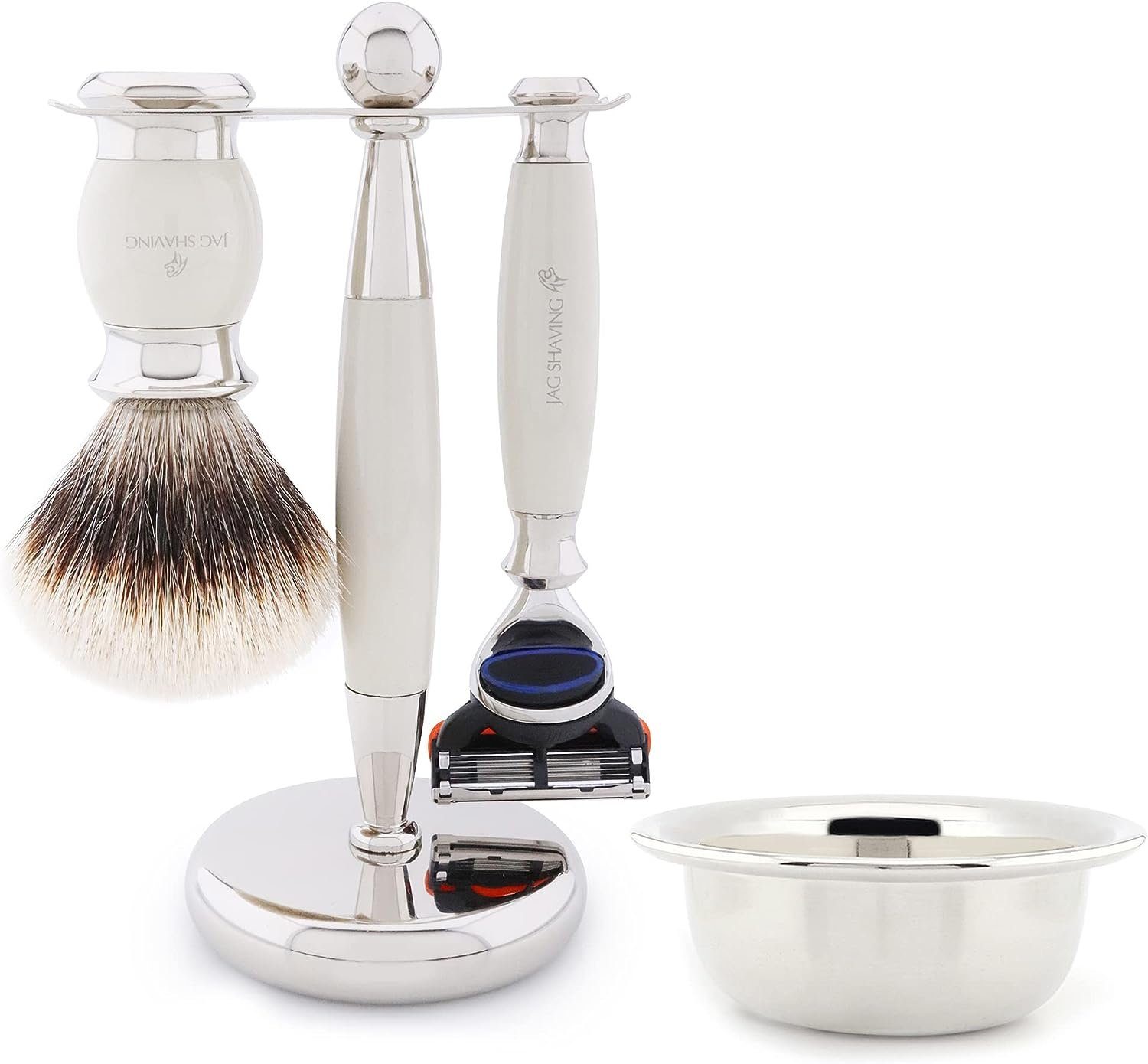 JAG SHAVING Rasierpinsel-Set Rasierpinsel mit synthetischer Silberspitze – 5-Kanten-Rasierer, 4 tlg., Rasierset mit zusätzlichem Rasierzubehör für eine klassische Rasur., beste Erfahrung beim manuellen Speichern