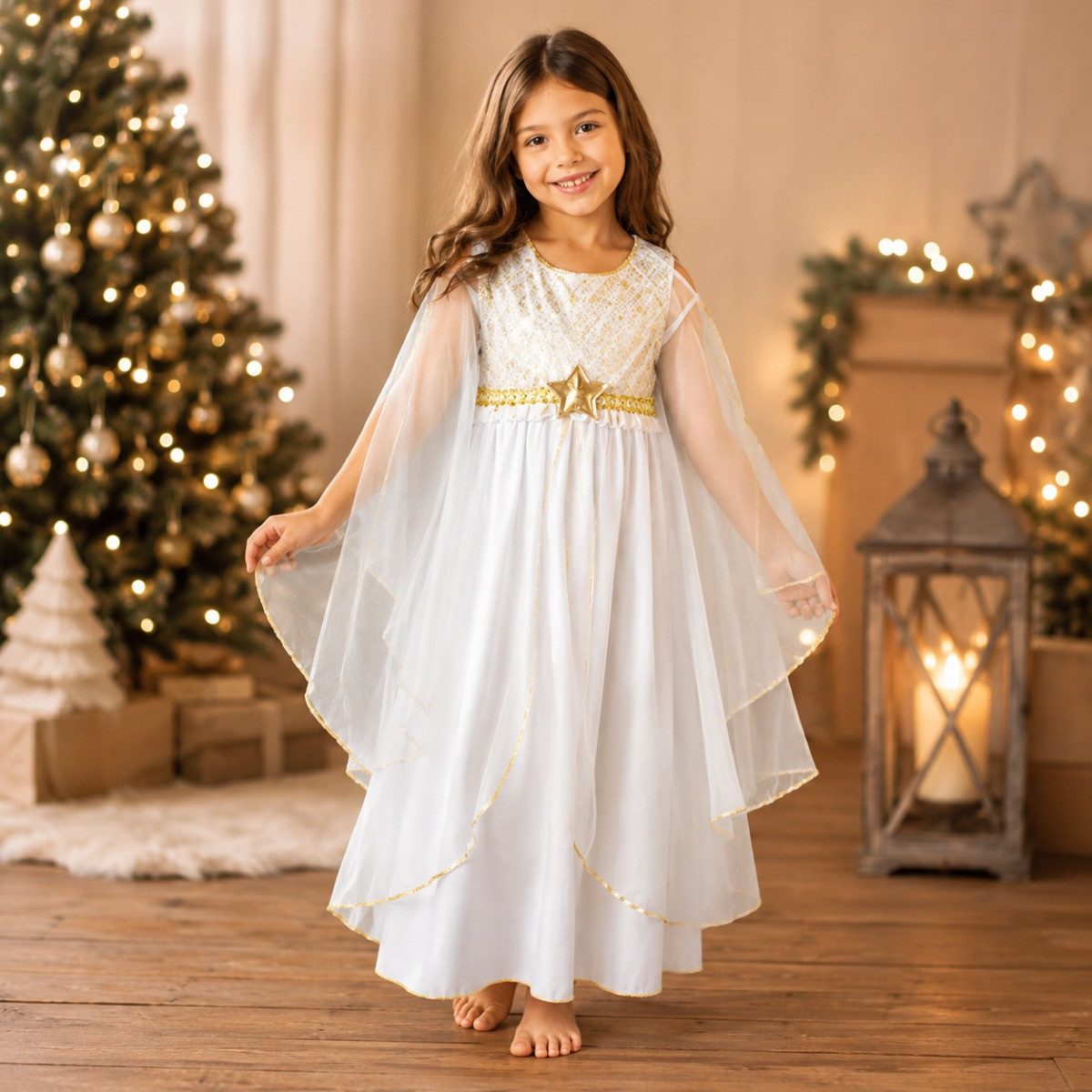 Funny Fashion Engel-Kostüm Kinder Engelskostüm 'Lucia' mit Sternen, Weiß Gol