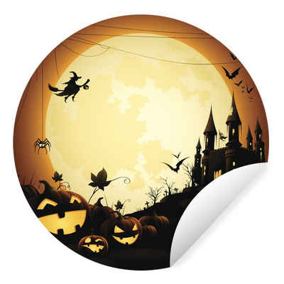 MuchoWow Wandsticker Eine Illustration eines Schlosses mit Hexen und Kürbissen zu Halloween (1 St), Tapetensticker, Wandbild rund, Kinderzimmer, Wohnzimmer, Einteilig