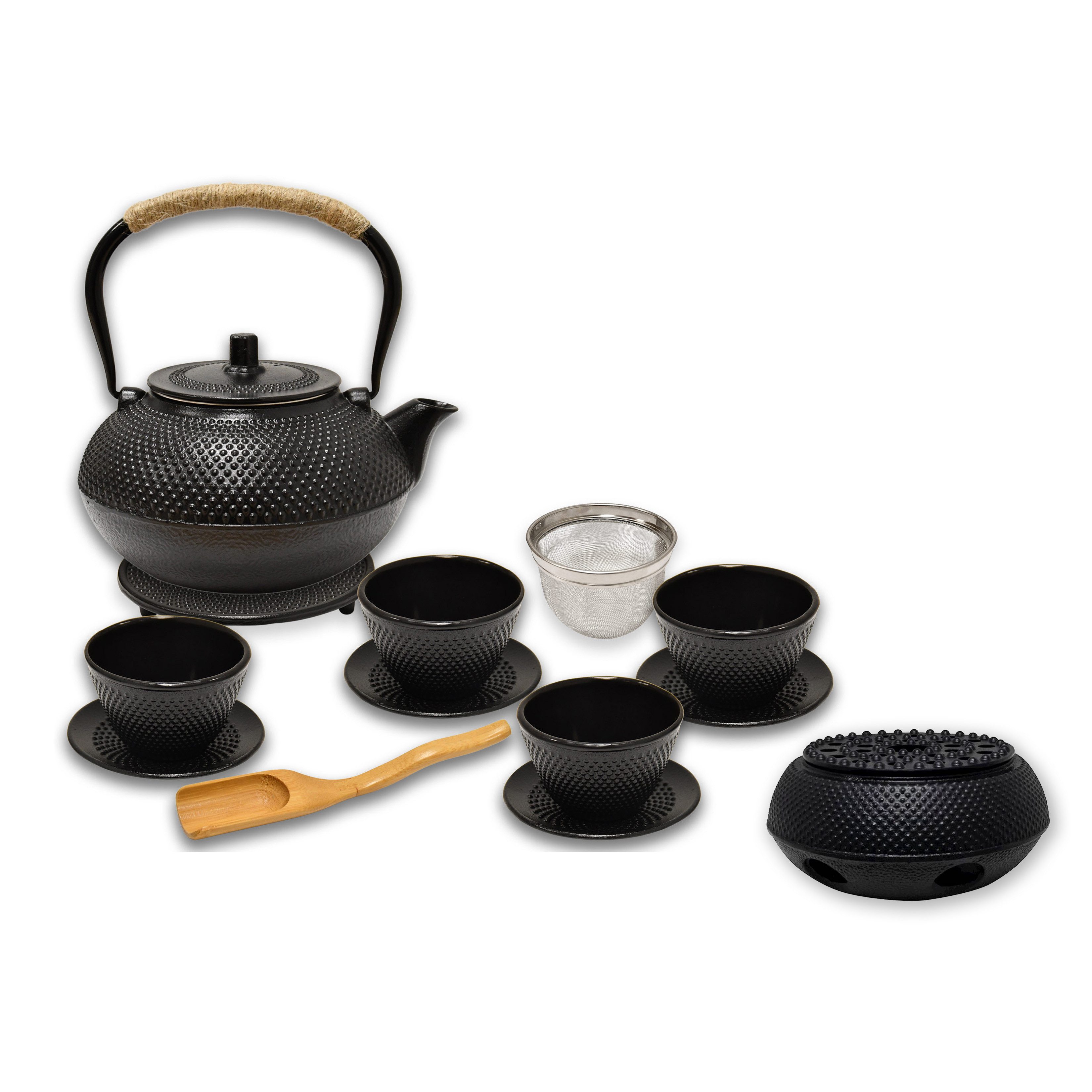 AD.CON Teeservice Gusseisen Teekanne Schwarz 1.4L mit Edelstahl Sieb Japanisch AD.CON (13-tlg), 4 Personen
