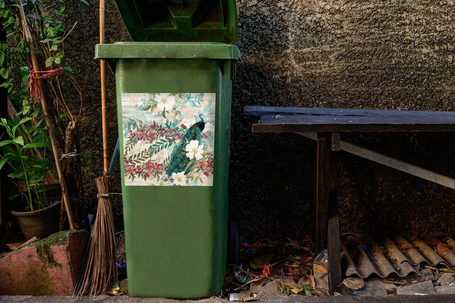 MuchoWow Wandsticker Blumen Abfalbehälter (1 Kunst Container, Mülleimer-aufkleber, Mülltonne, - Sticker, St), - Pfau