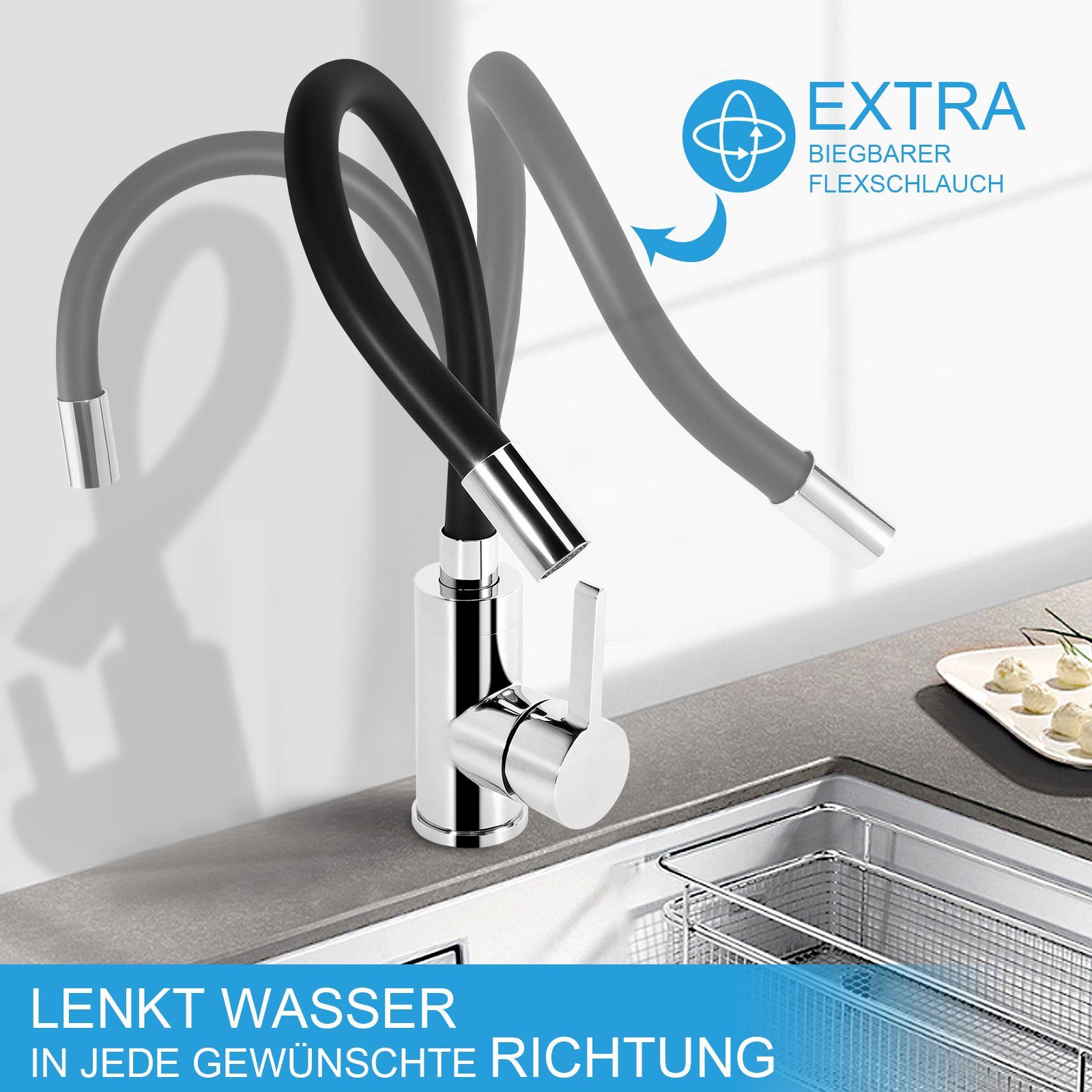 (360° Kaltwasser) 347mm Flexibler Wasserhahn Küchen Drehbare,Warm- XIIW und Küchenarmatur mit Silikonschlauch Höhe: