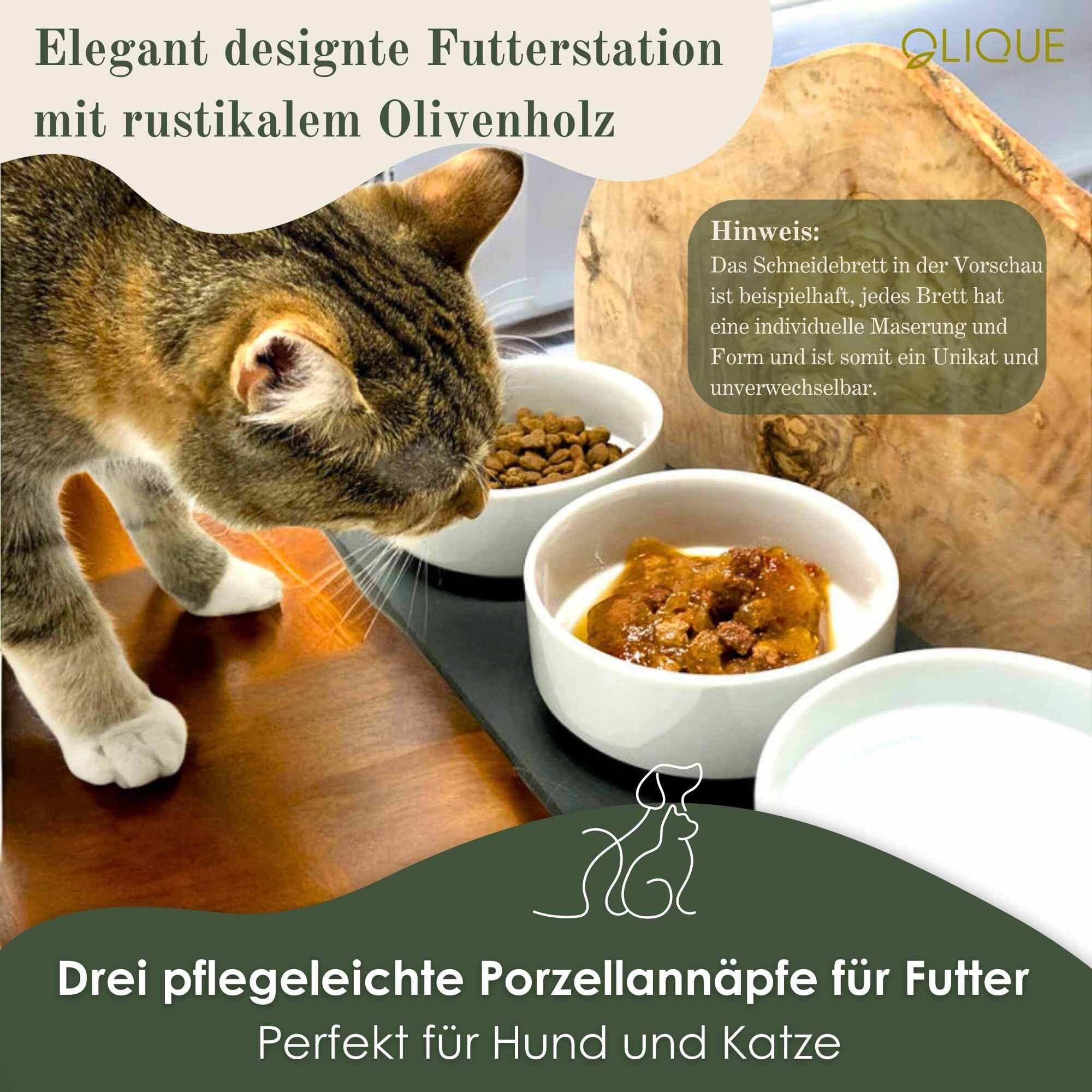 OLIQUE Futterstation für Hunde & Katzen – Trio mit drei Porzellanschalen aus Olivenholz, Porzellan