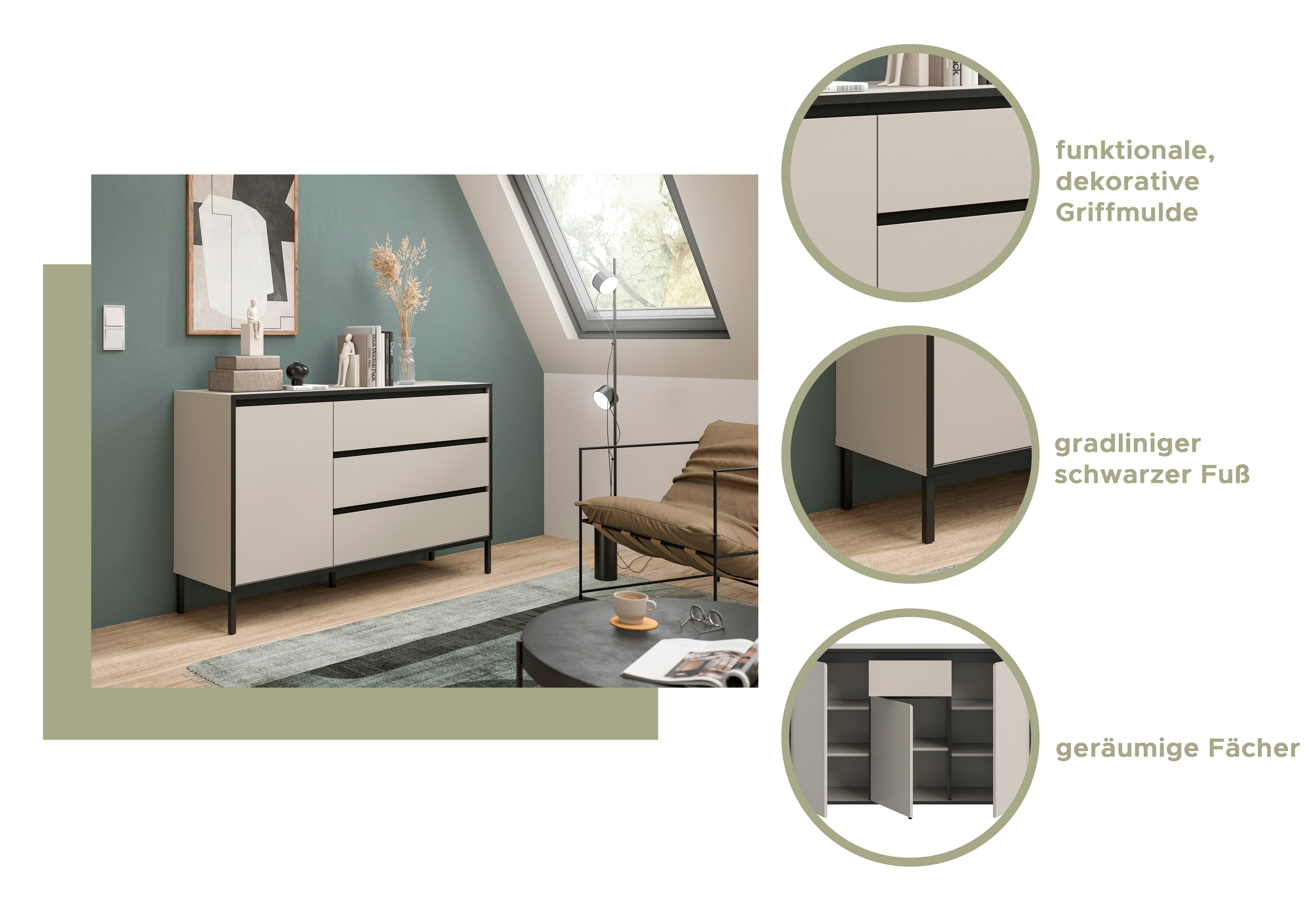 Home affaire Kommode NORT, Höhe: 92 cm, mit Metall Stabfuß, 2 Türen, 2 Einlegeböden, Anrichte, Sideboard, Schrank, Board, Highboard