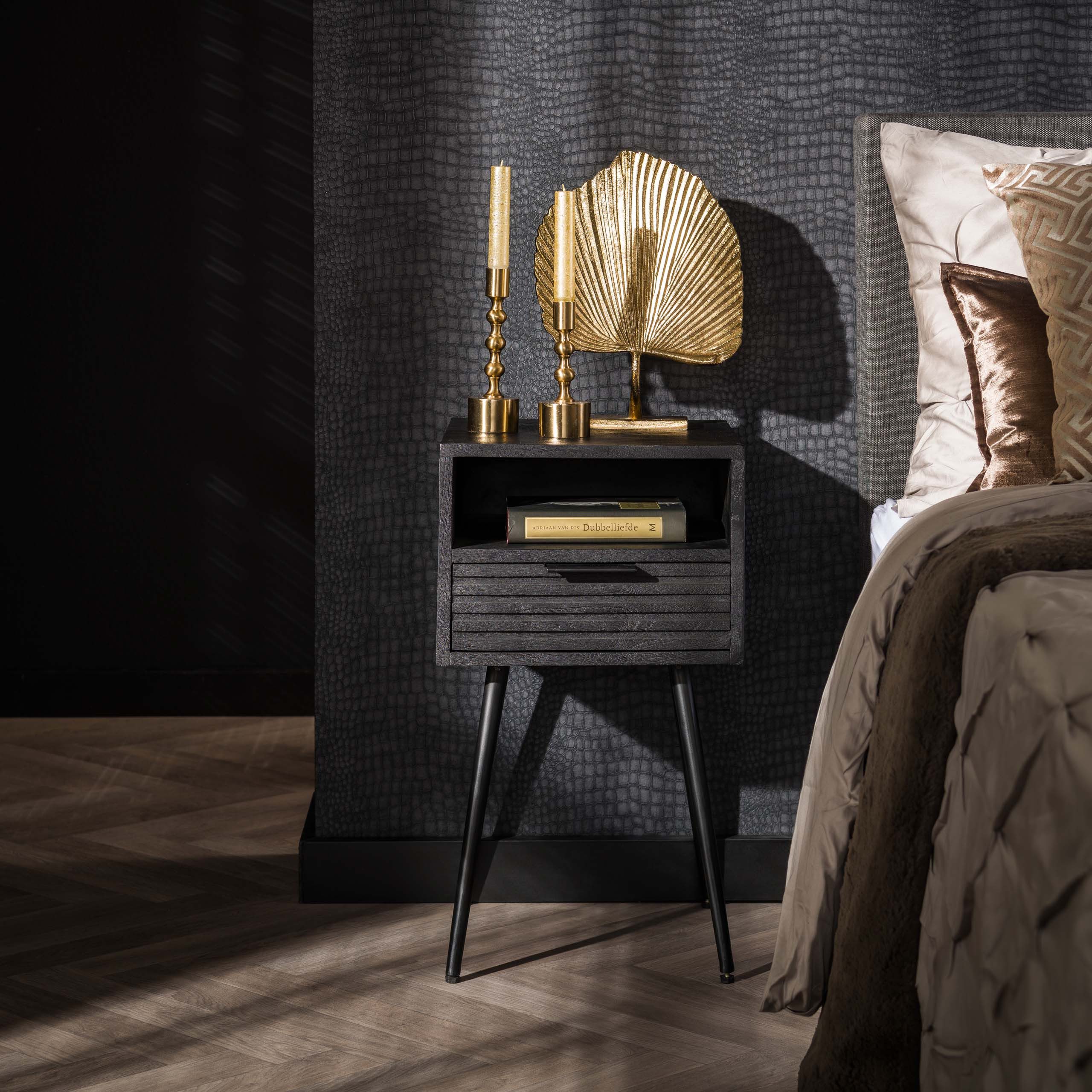 Villa Möbel Nachttisch Marina (1 Tisch, 1-St), Nachttisch aus Mango Holz schwarz mit Schublade