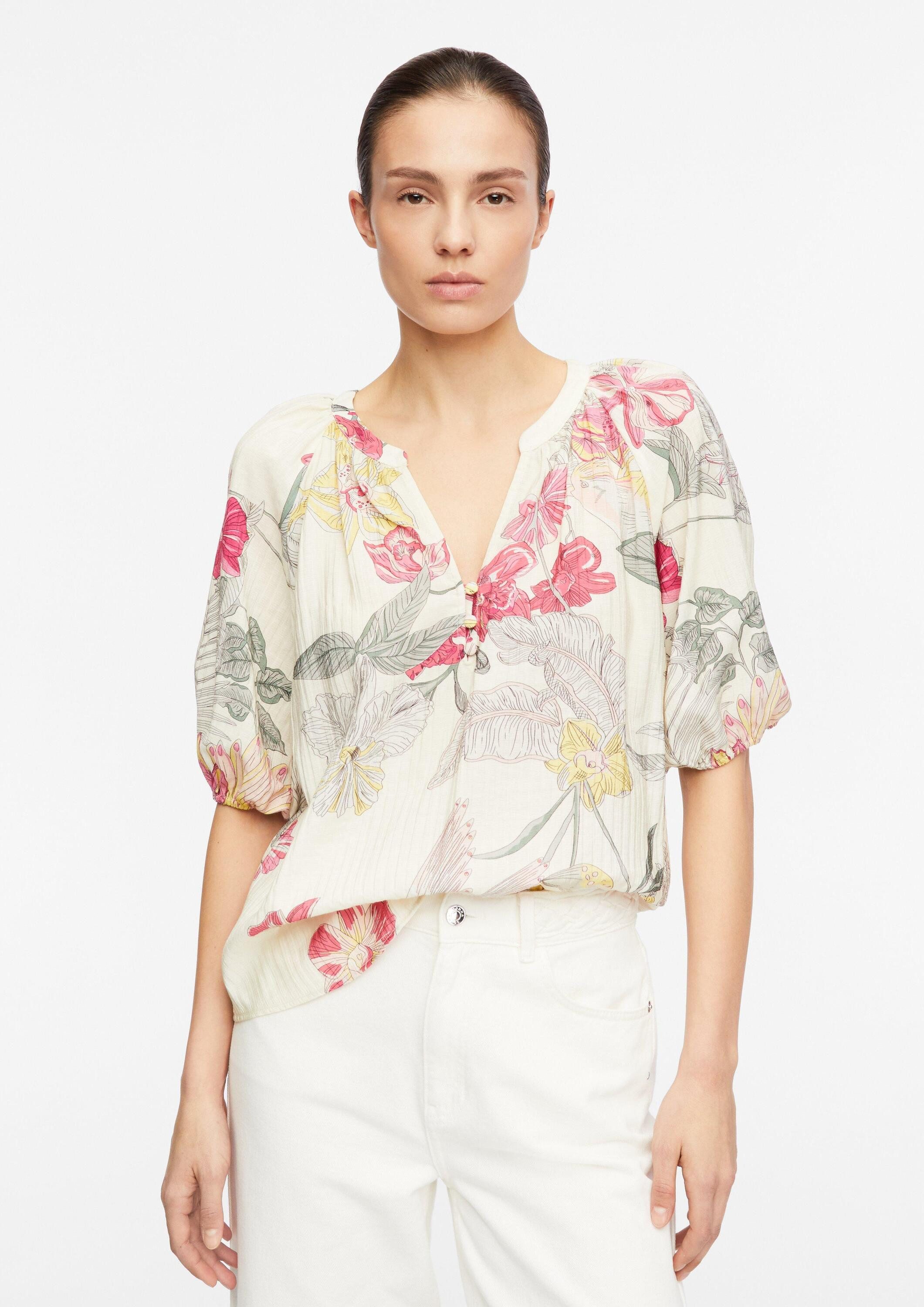 comma Kurzarmbluse Bluse Strukturierte Bluse mit Tunikaauschnitt
