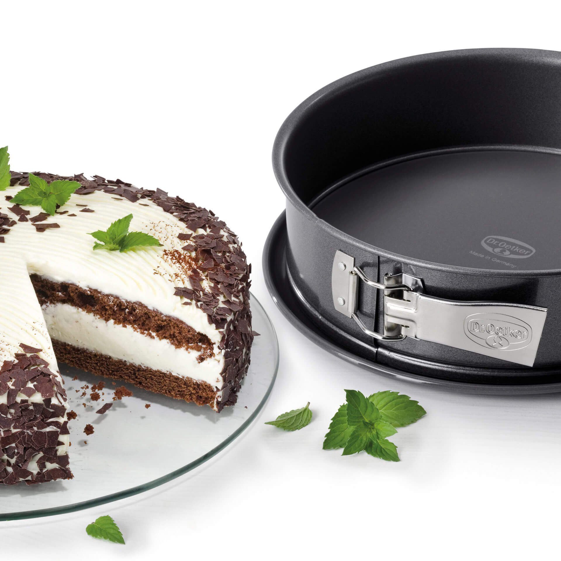 Dr. Oetker Küchenhelfer Springform Back-Harmonie, mit Emaille-Servierboden, Antihaft, schnittfest, auslaufsicher, Made in Germany