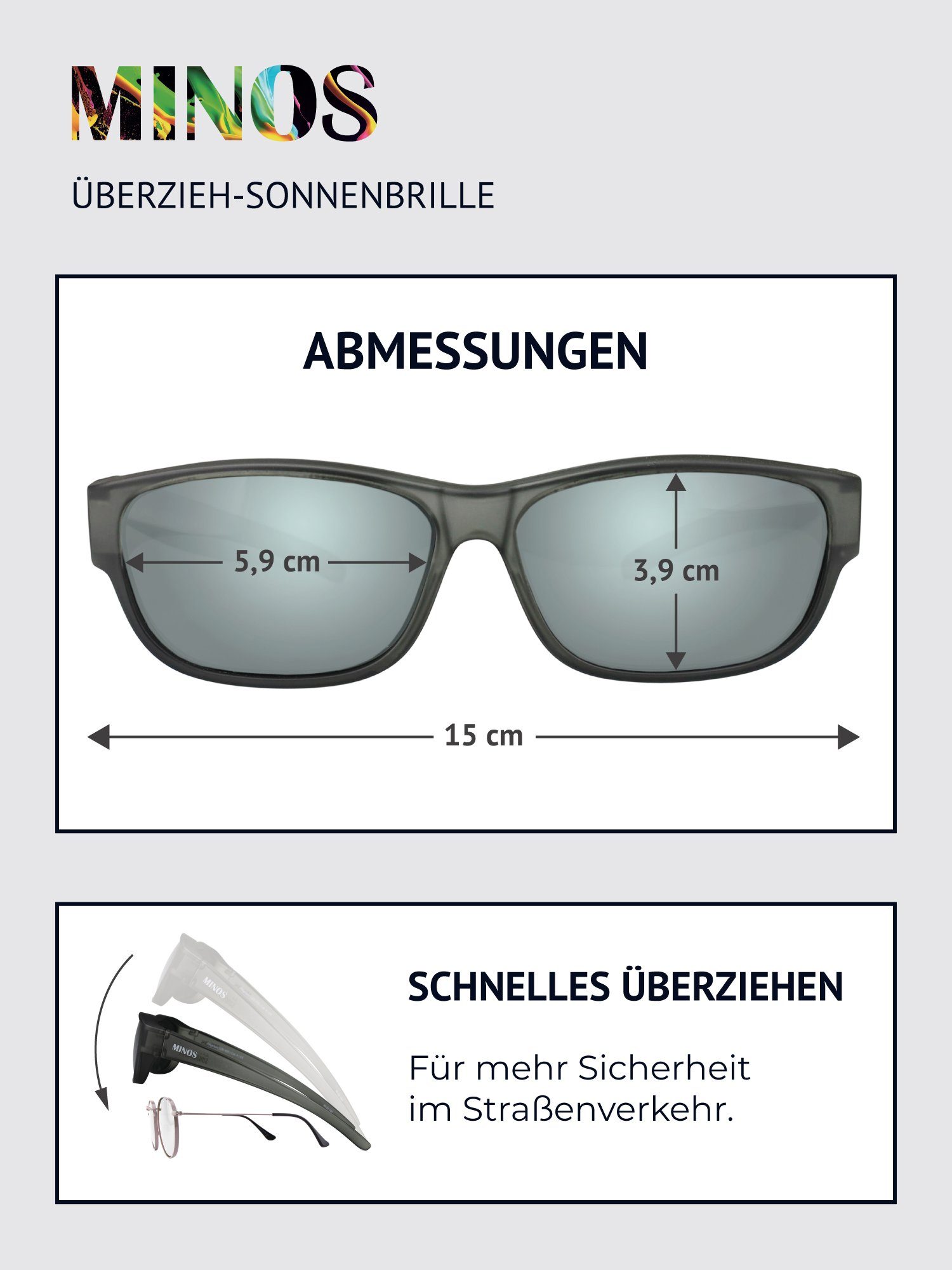 (inklusive SUNGLASSES Minos Sonnenbrille Schiebebox verspiegelt ActiveSol und Brillenputztuch) Überziehsonnenbrille schwarz