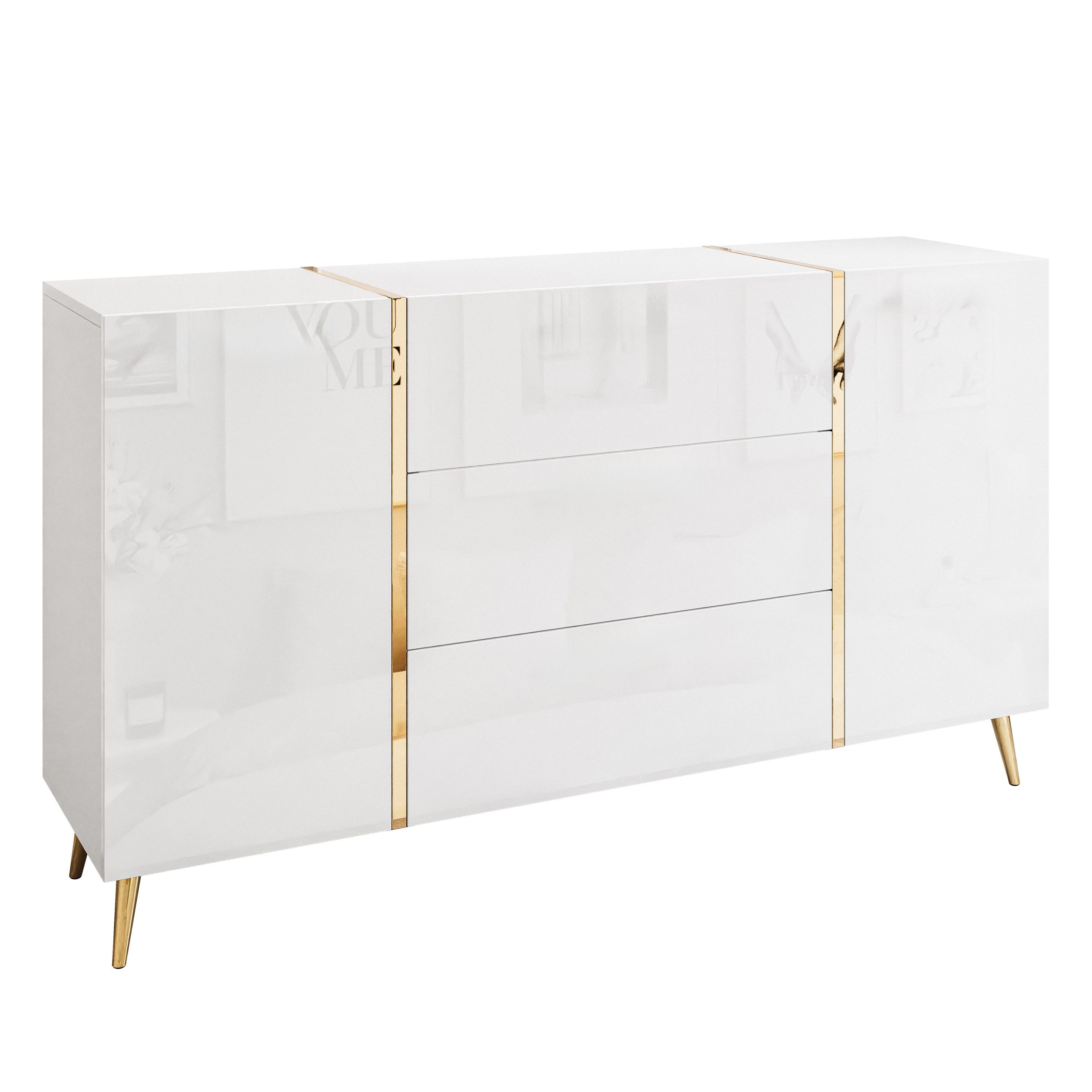 Lookway Kommode ONYX goldene Beine Hochglanz Push-Open / Goldgriffe 158 cm